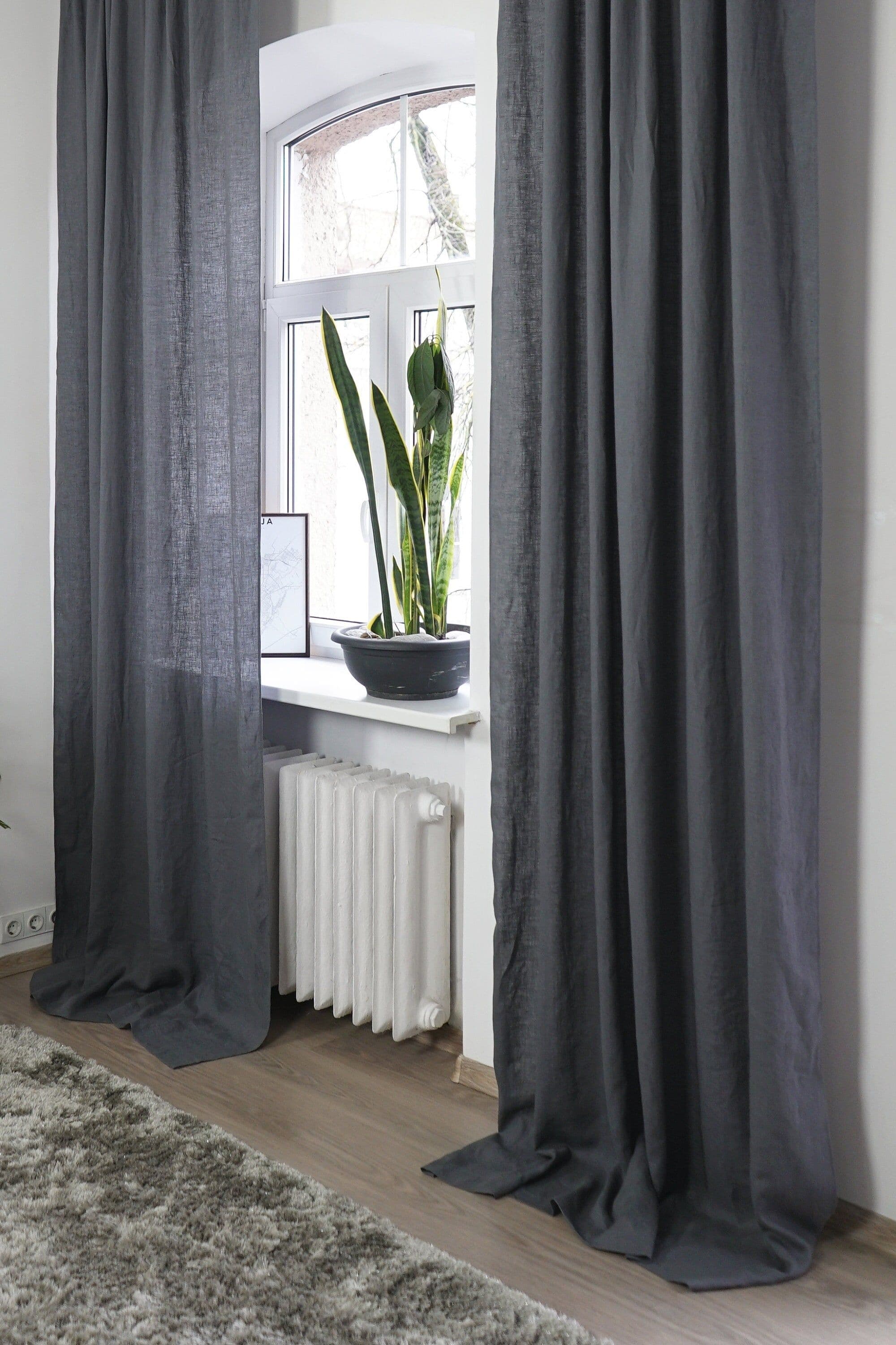 image-Asphalt Grey linen curtain with tabs