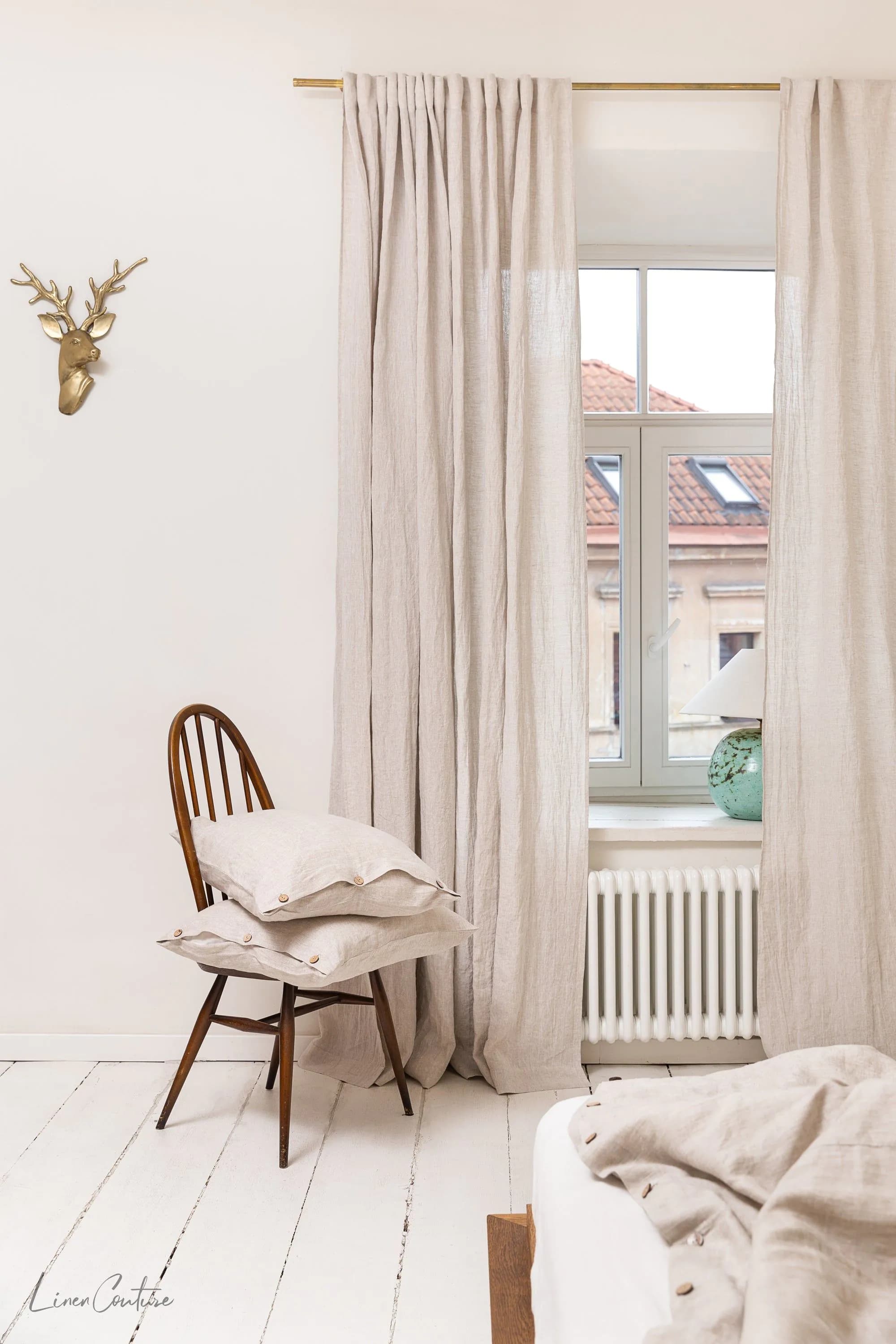 image-Extra Wide Natural Light Linen Curtain Panel with heading tape