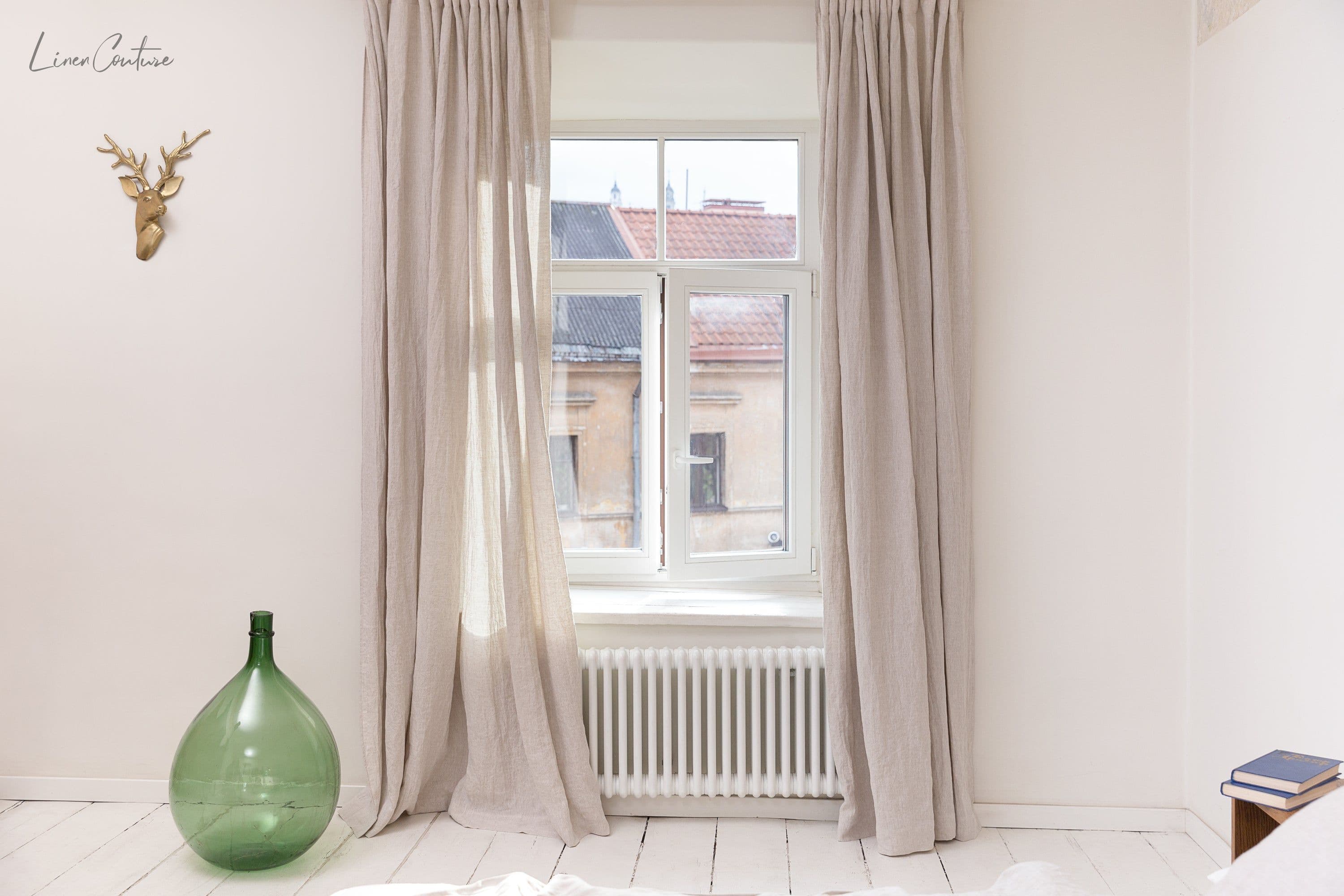image-Extra Wide Natural Light Linen Curtain Panel with heading tape