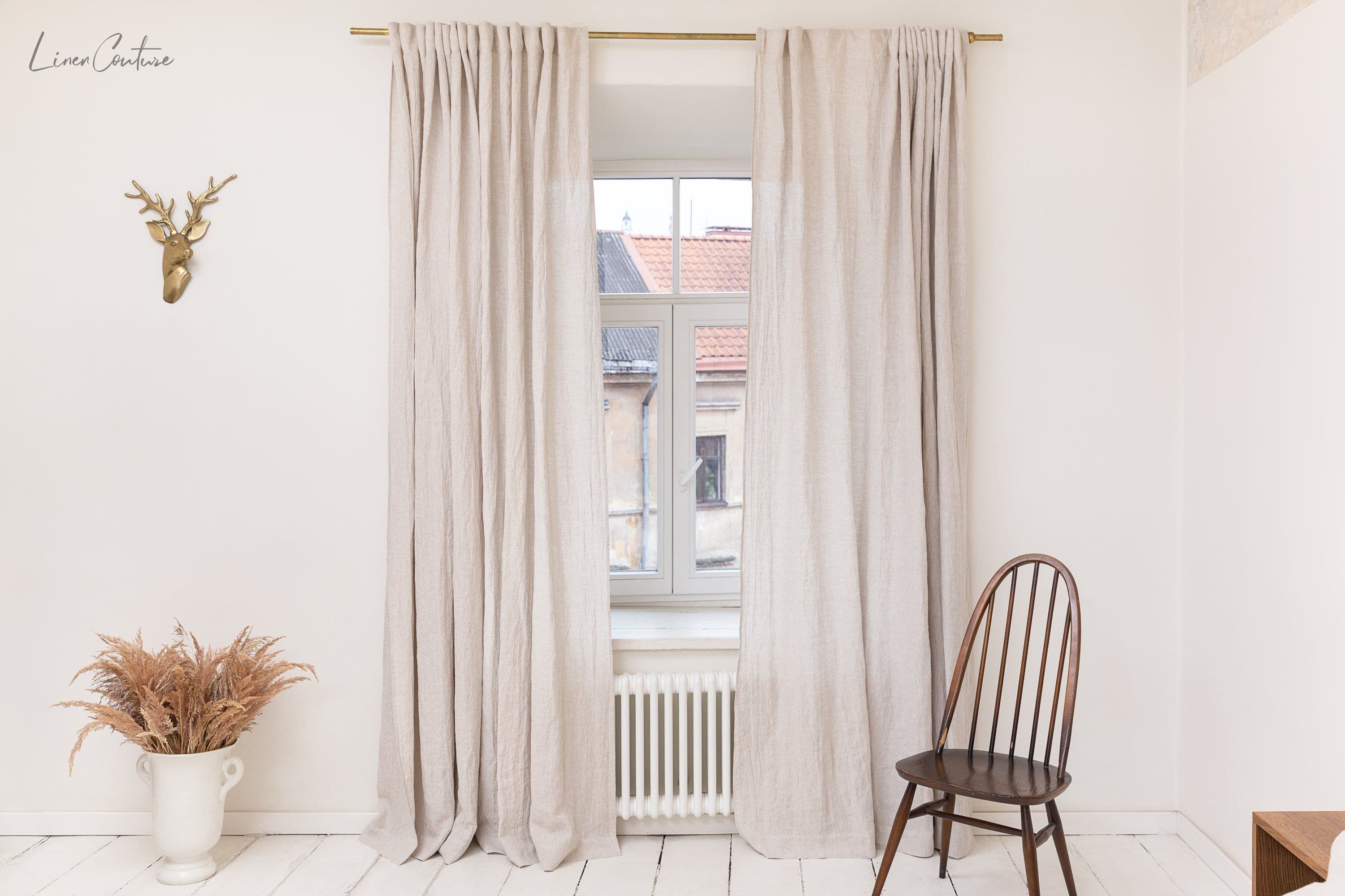 image-Extra Wide Natural Light Linen Curtain Panel with heading tape