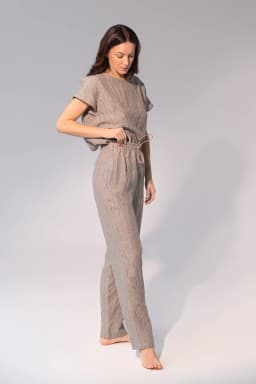 image-Striped Dark Grey linen / Natural Linen Pajama set / Linen loungewear
