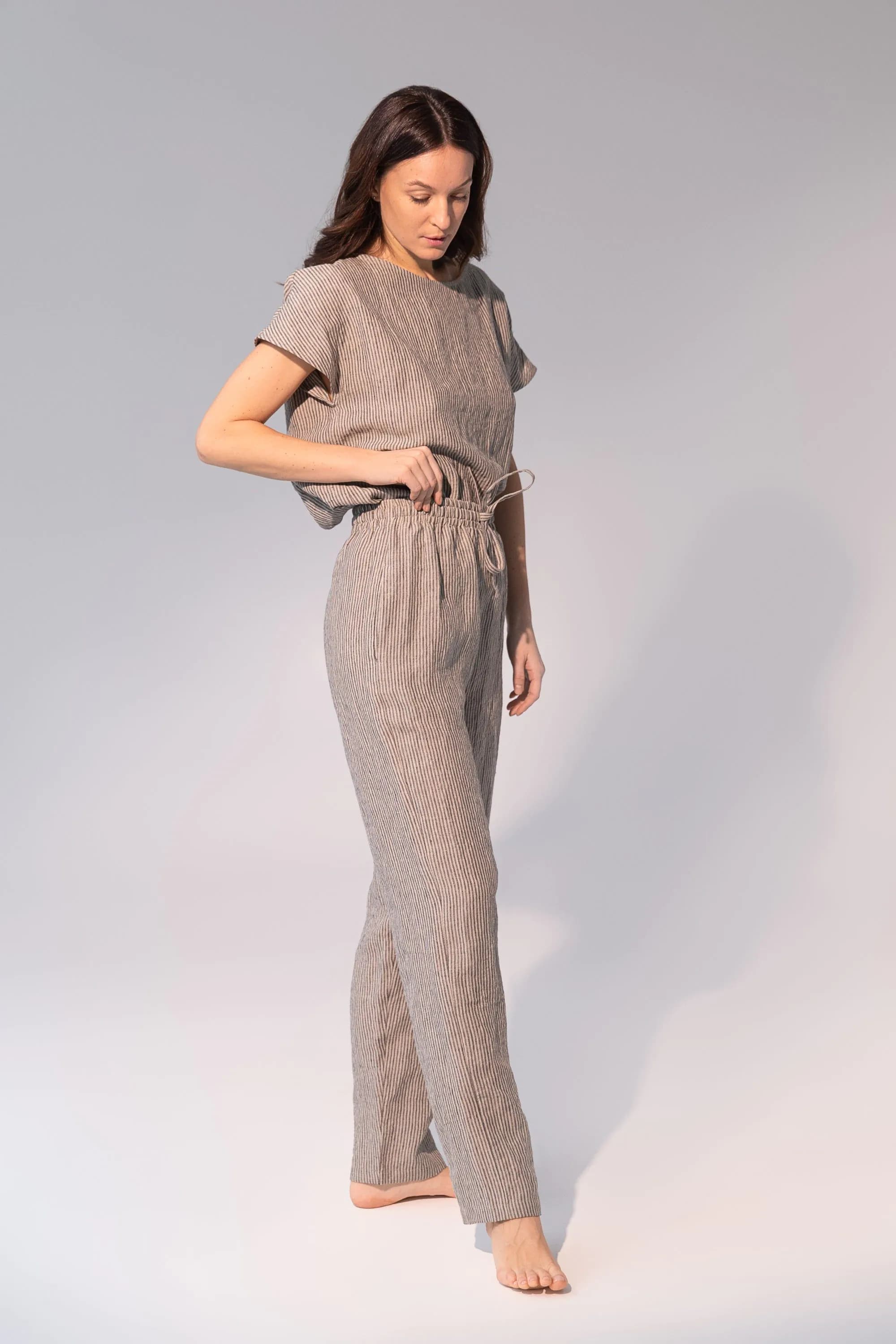 image-Striped Dark Grey linen / Natural Linen Pajama set / Linen loungewear