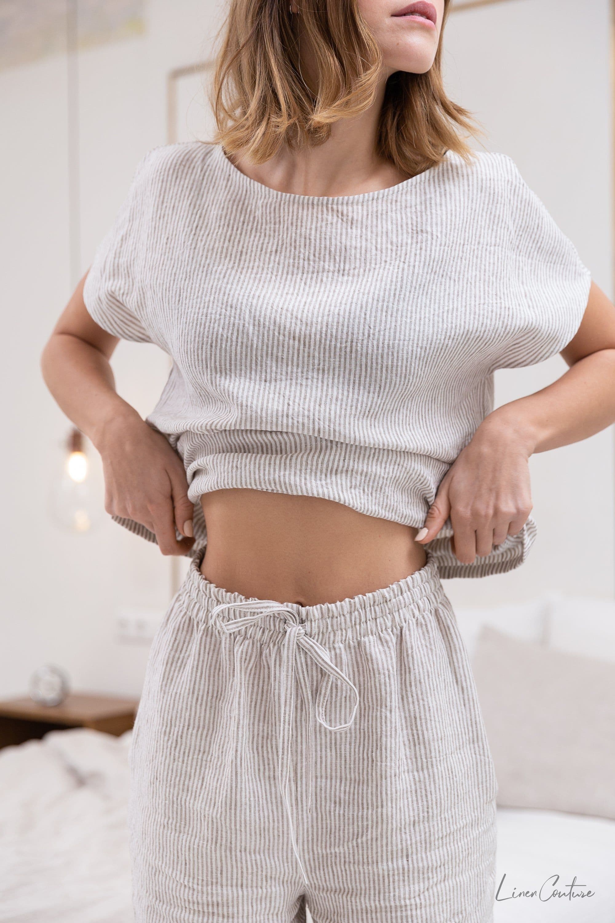 image-Striped Dark Grey linen / Natural Linen Pajama set / Linen loungewear