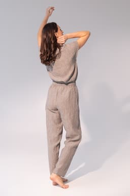 image-Striped Dark Grey linen / Natural Linen Pajama set / Linen loungewear