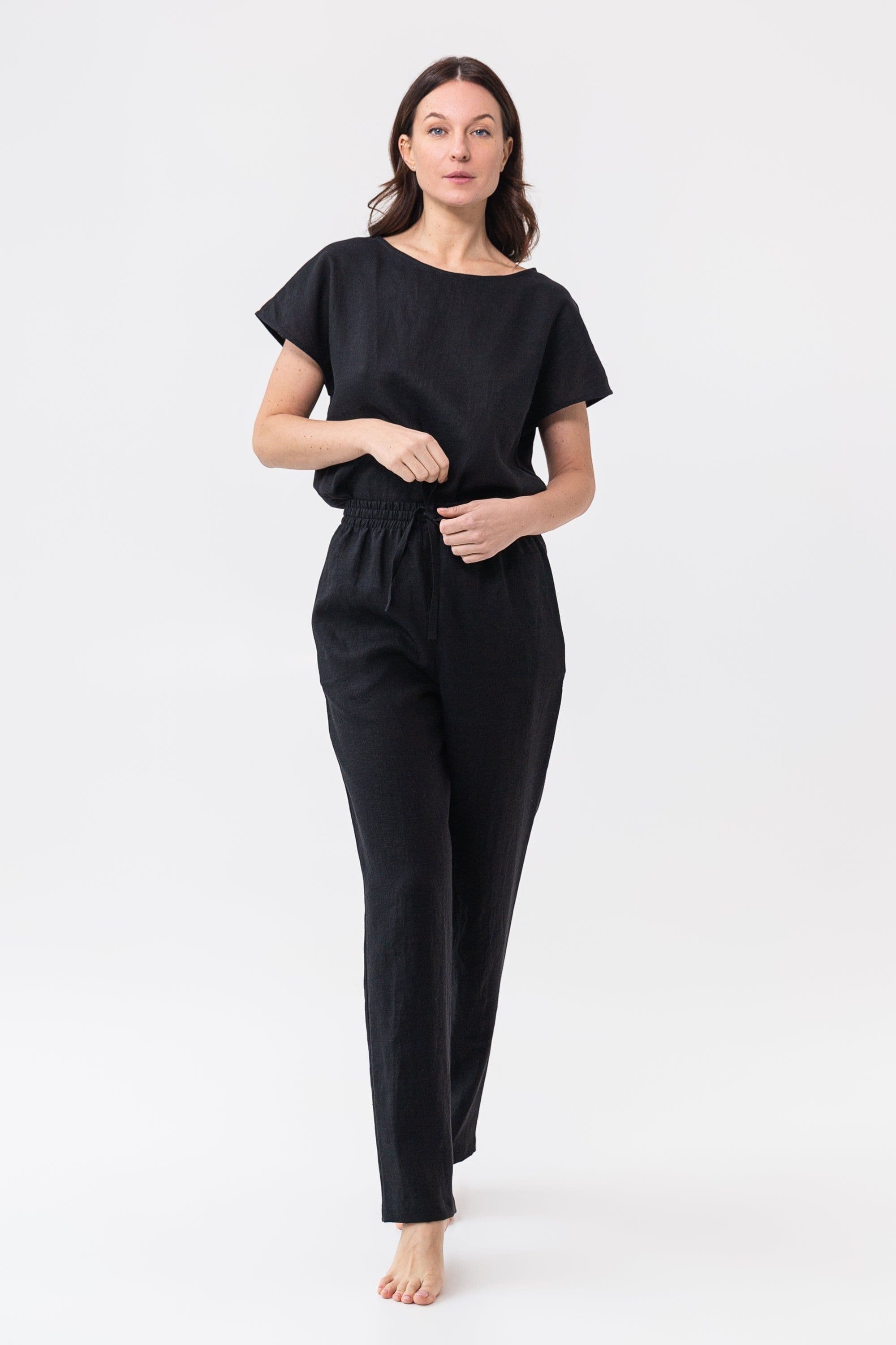 image-Striped Dark Grey linen / Natural Linen Pajama set / Linen loungewear