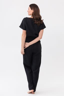image-Striped Dark Grey linen / Natural Linen Pajama set / Linen loungewear