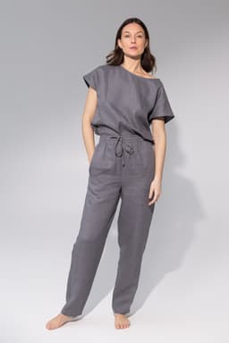image-Striped Dark Grey linen / Natural Linen Pajama set / Linen loungewear
