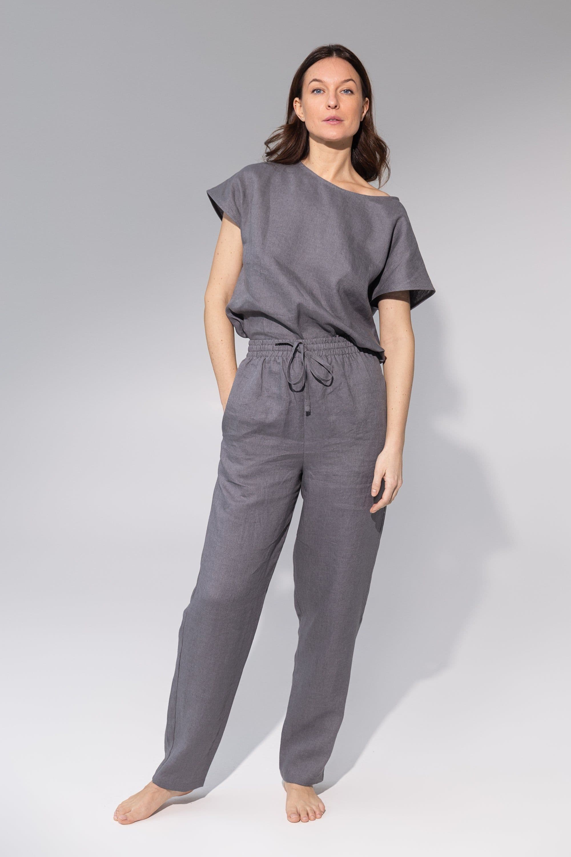 image-Striped Dark Grey linen / Natural Linen Pajama set / Linen loungewear