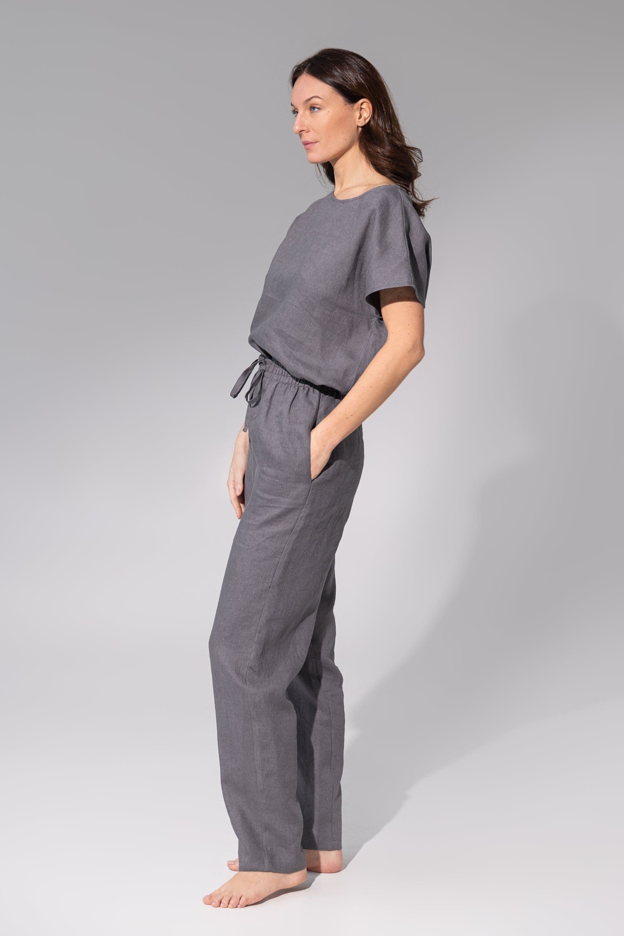 image-Striped Dark Grey linen / Natural Linen Pajama set / Linen loungewear