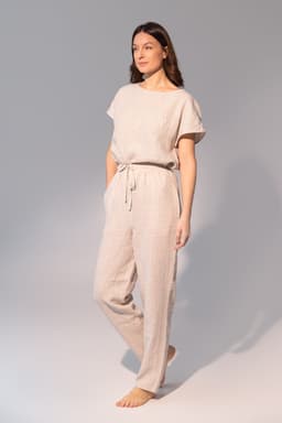 image-Striped Dark Grey linen / Natural Linen Pajama set / Linen loungewear