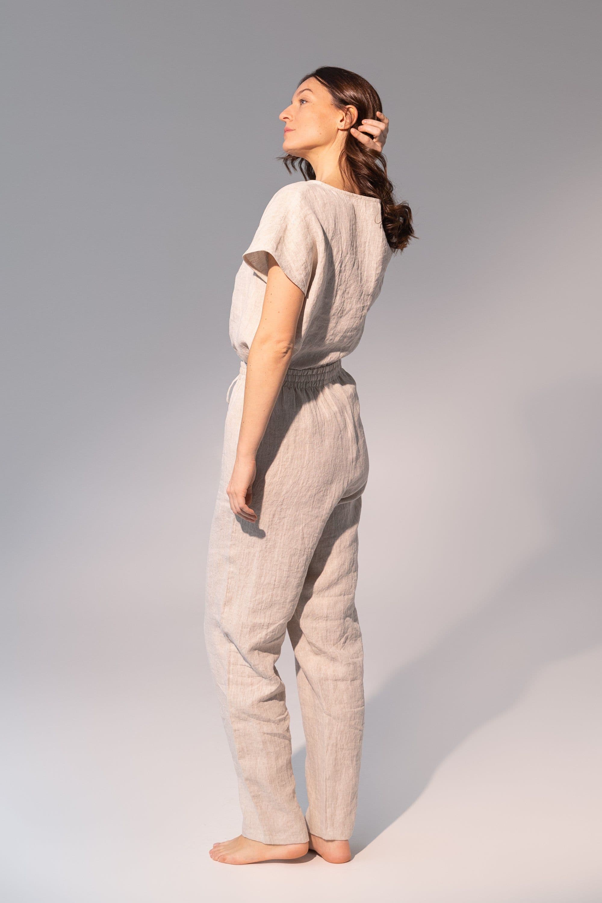 image-Striped Dark Grey linen / Natural Linen Pajama set / Linen loungewear