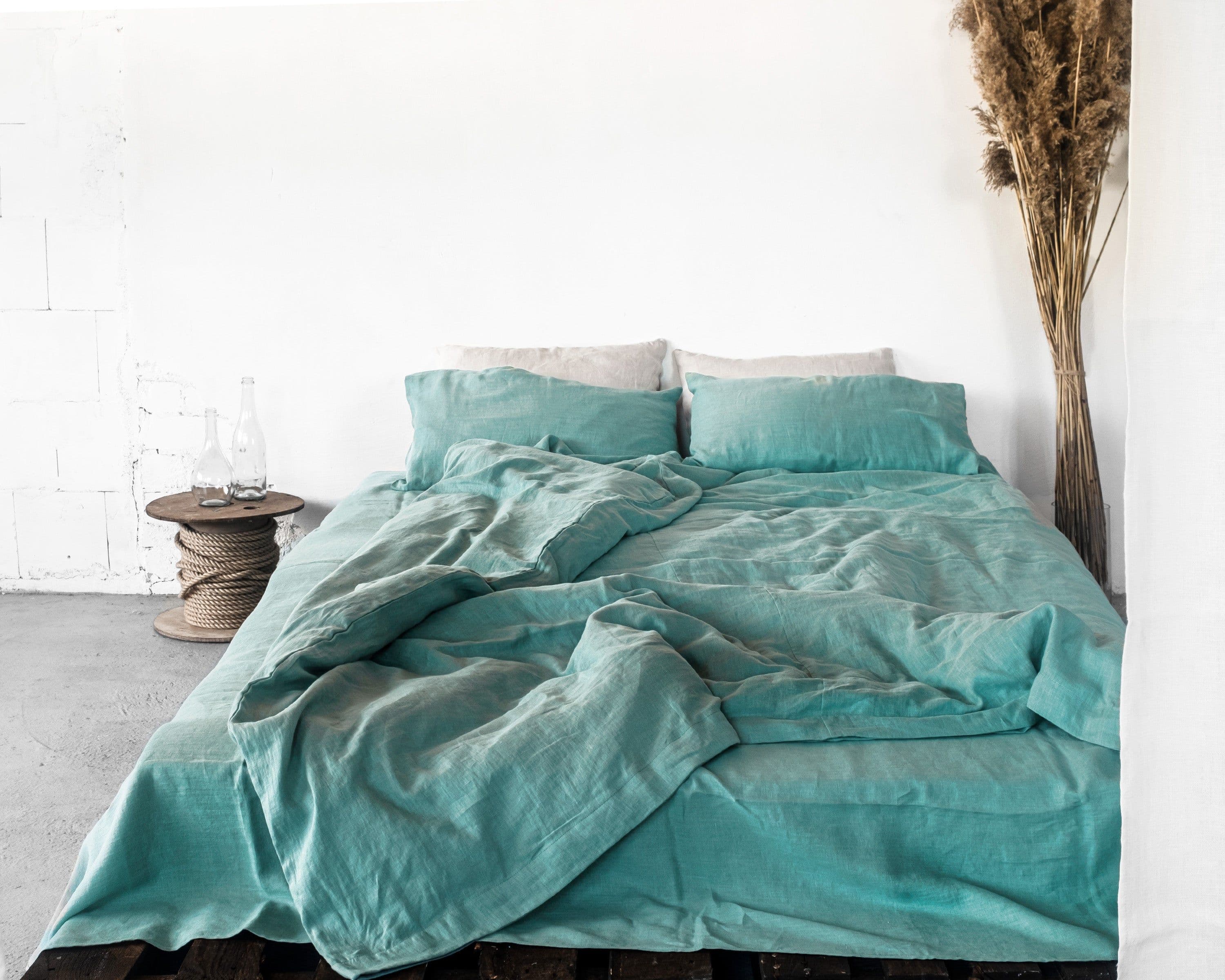 image-Greyish Mint linen set of linen bedding with zipper