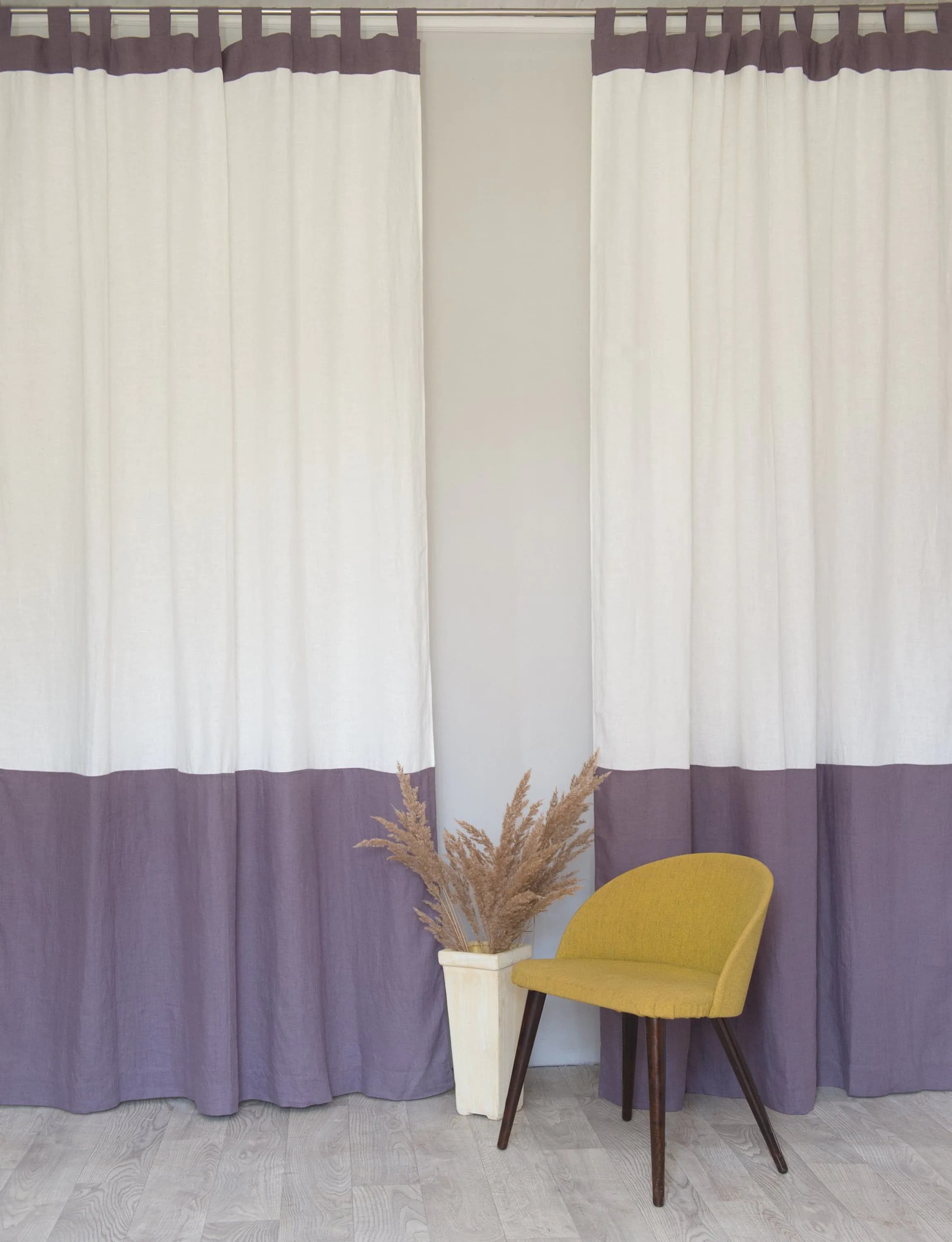 image-White and Pastel Plum linen curtains with tabs, two tones