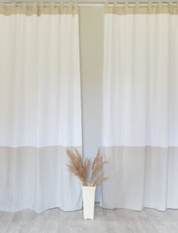 image-White and Pastel Plum linen curtains with tabs, two tones