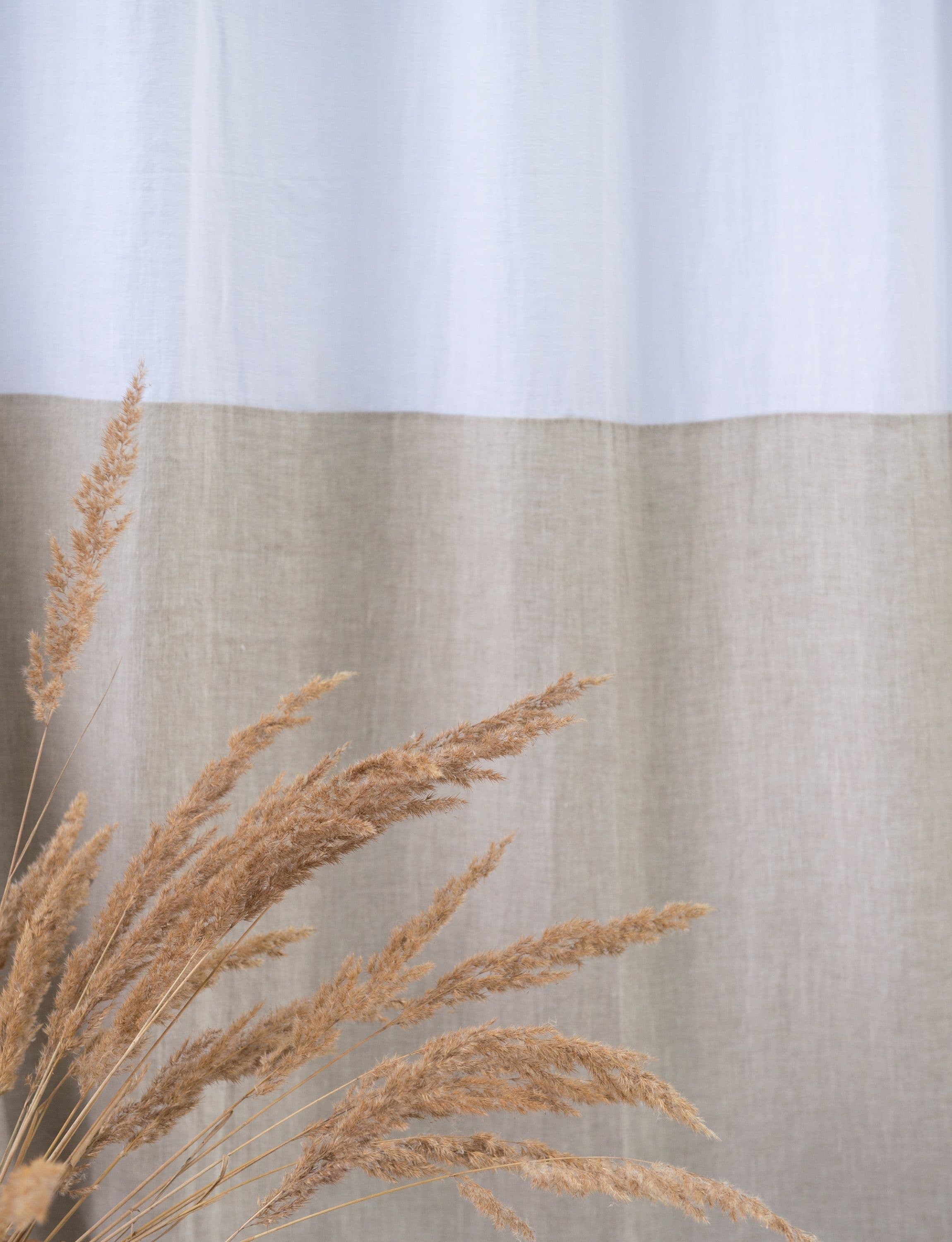 image-White and Pastel Plum linen curtains with tabs, two tones