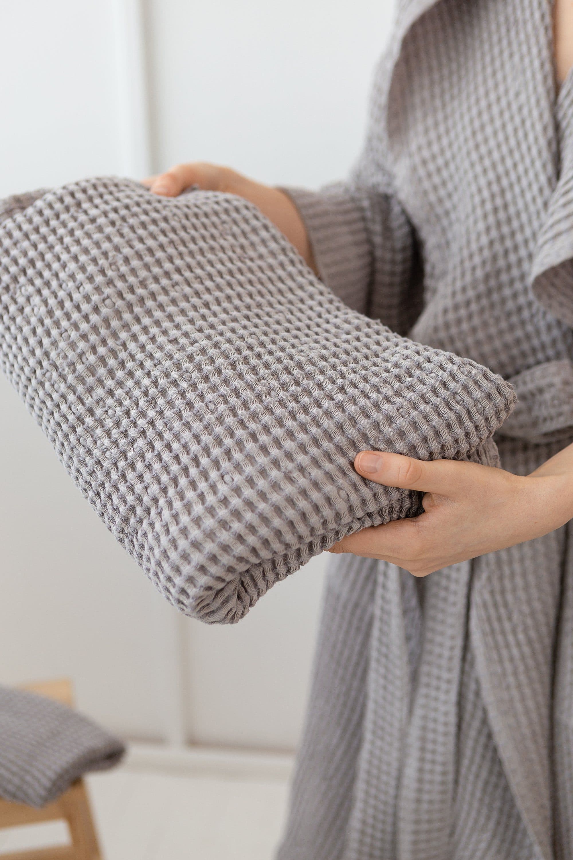 image-Set of linen waffle towels and robes with hoodie