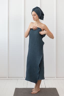 image-Set of linen waffle towels and robes with hoodie