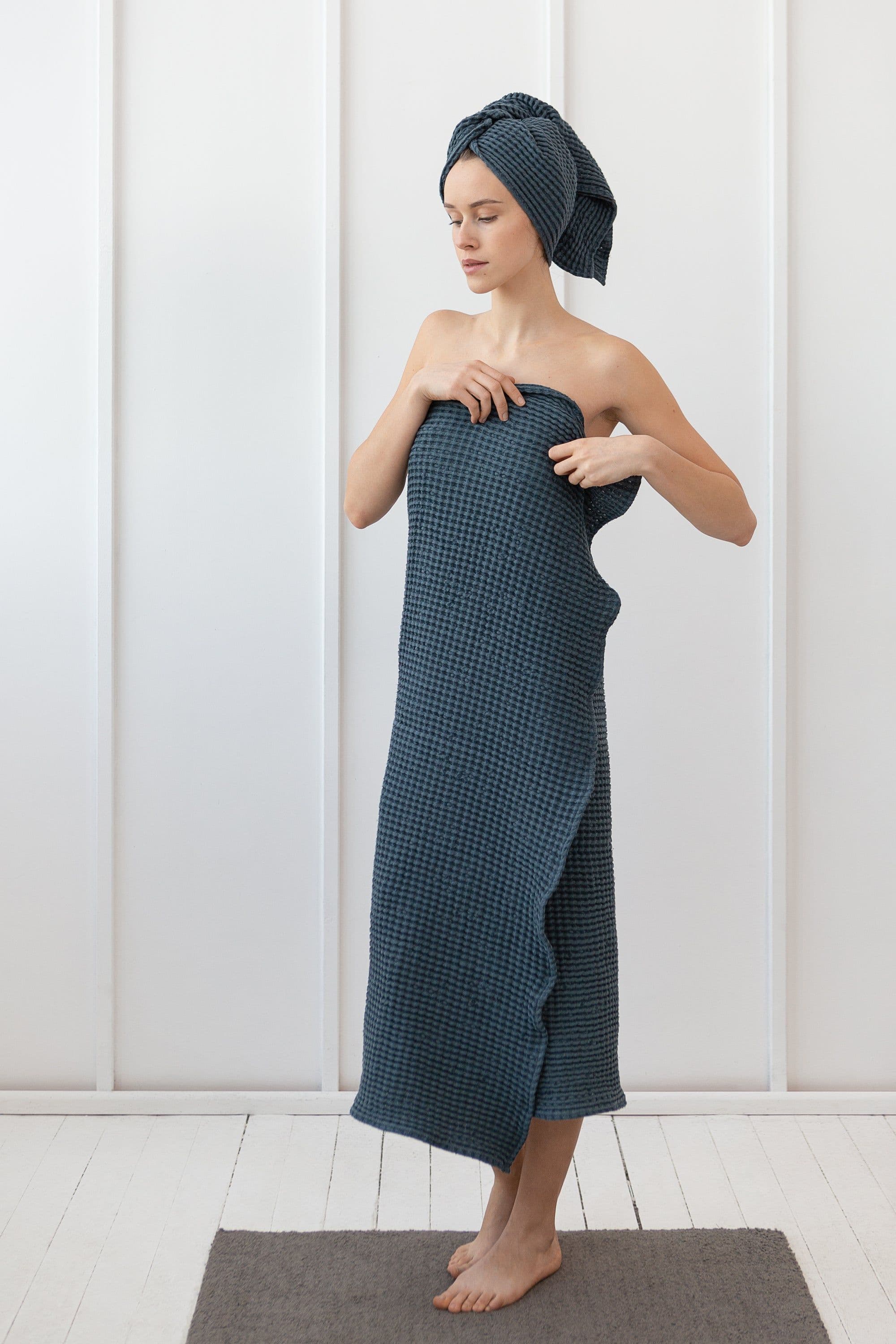 image-Set of linen waffle towels and robes with hoodie