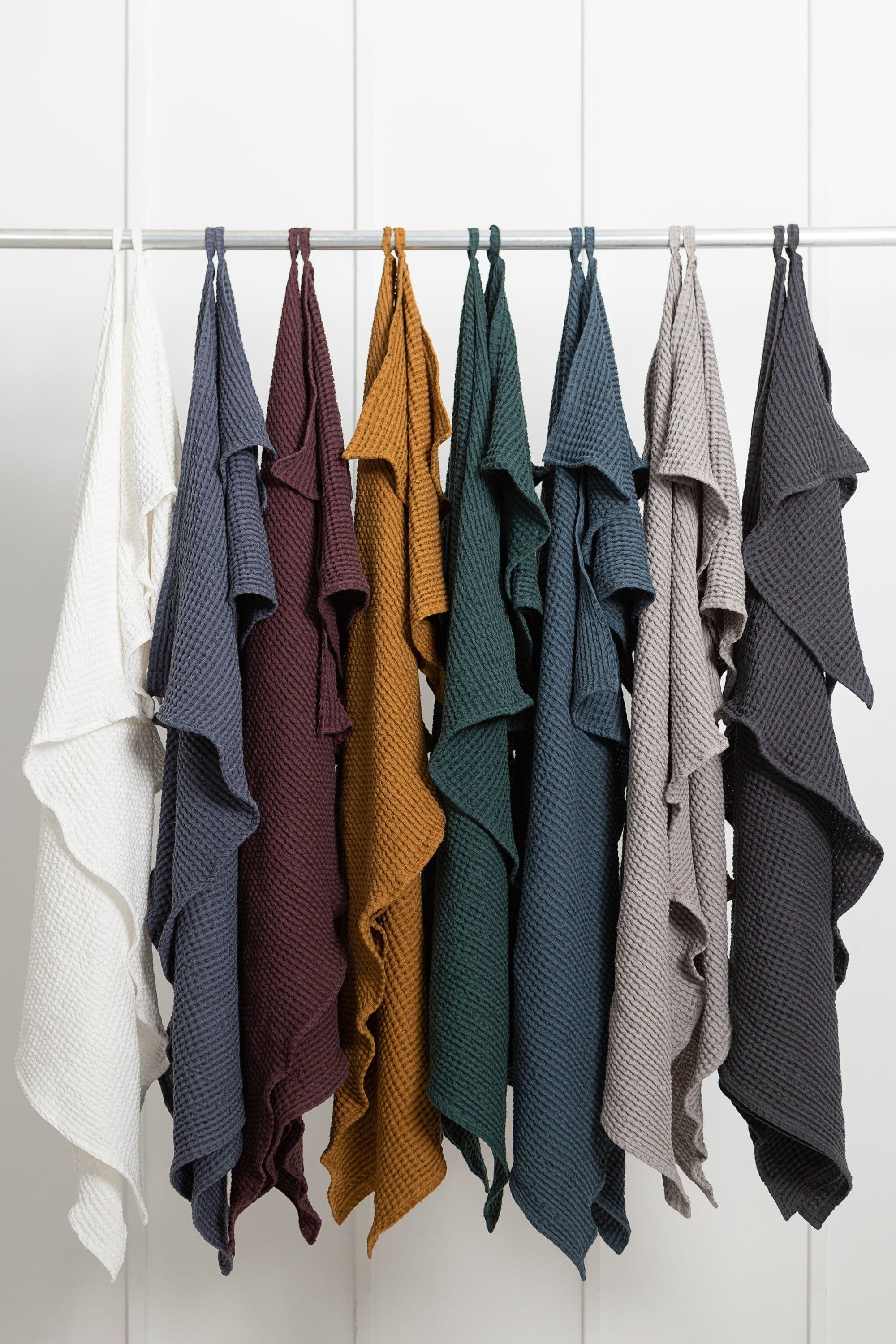 image-Set of linen waffle towels and robes with hoodie