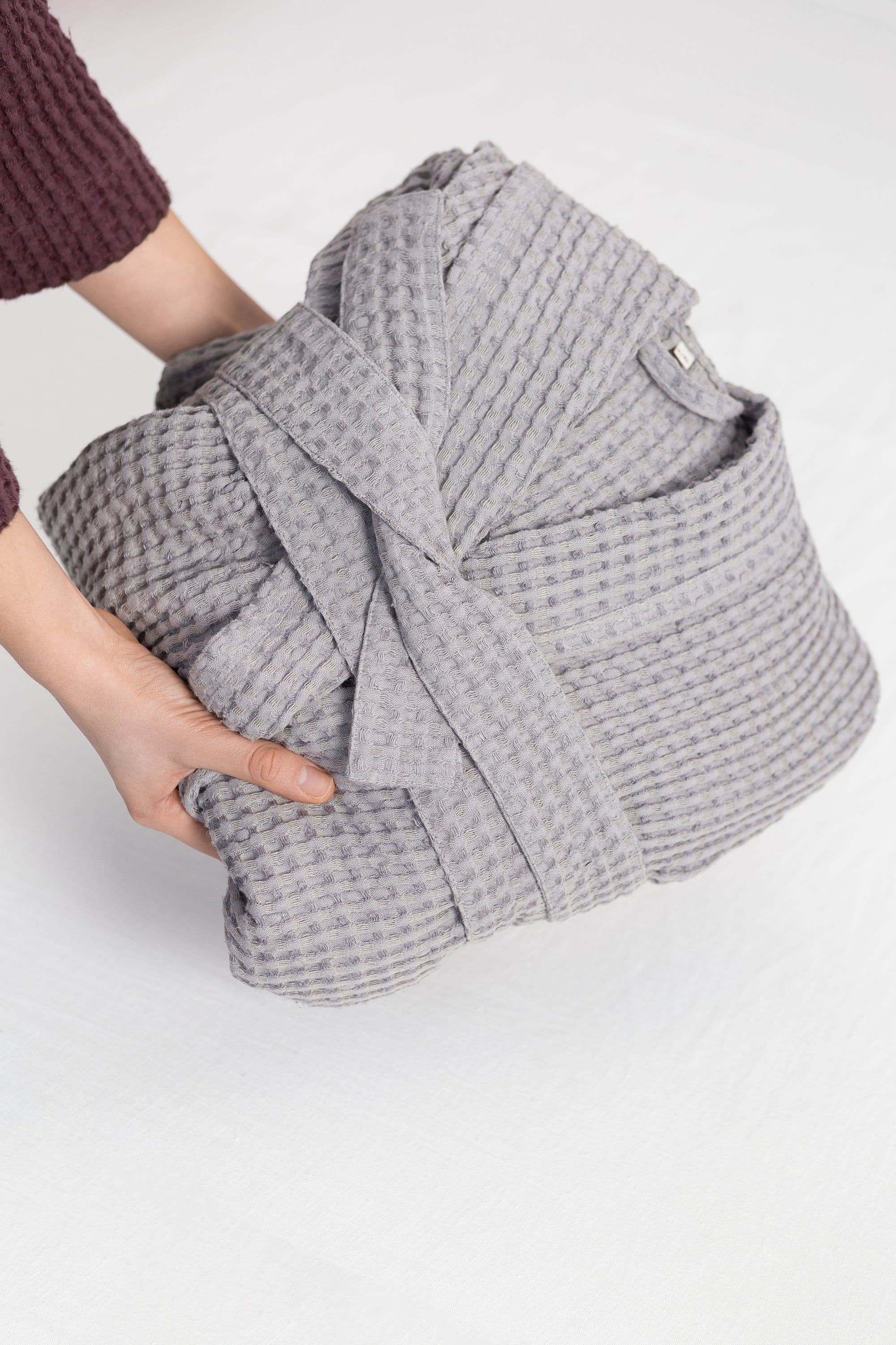image-Set of linen waffle towels and robes with hoodie