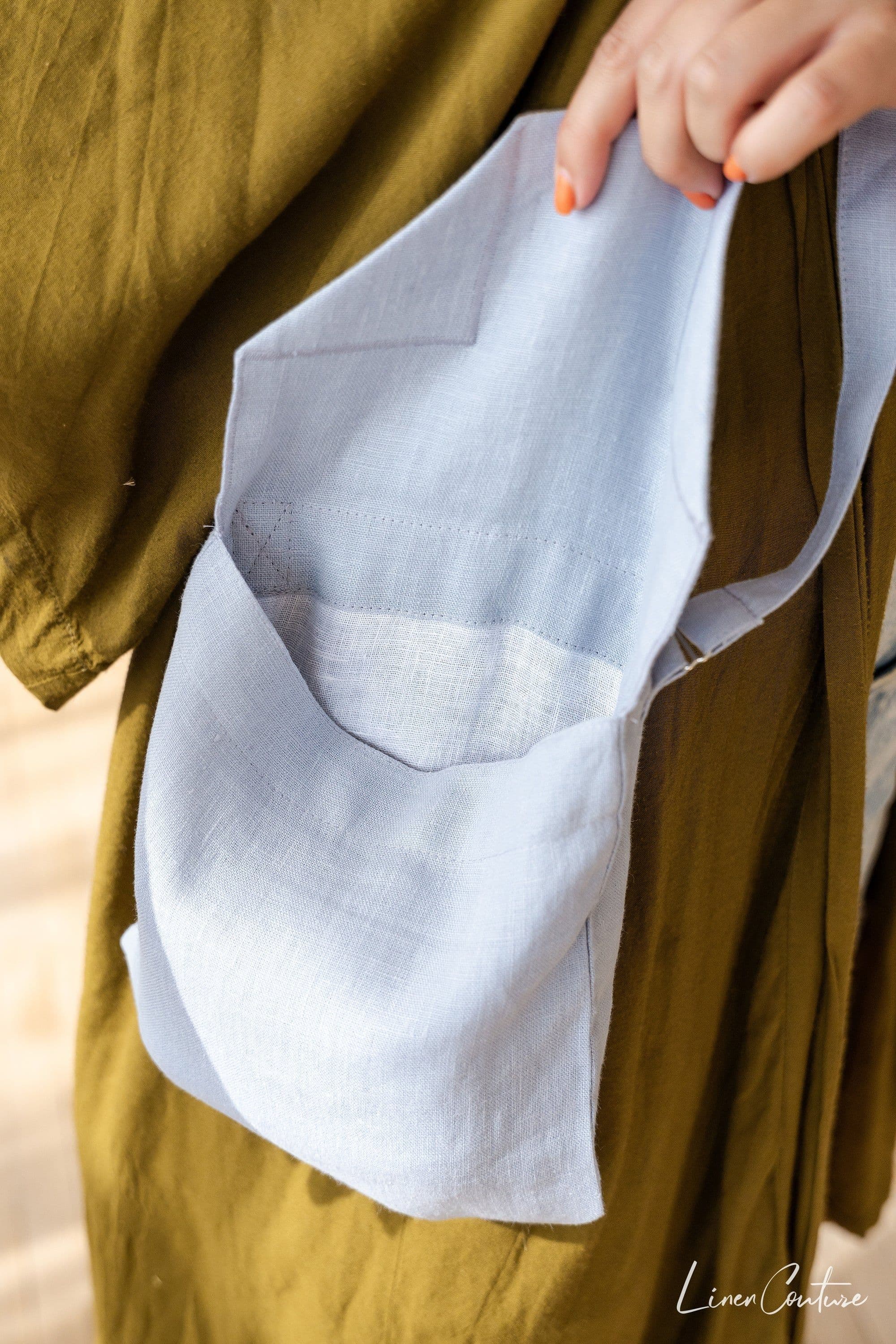 image-Ice Blue Linen Shoulder Bag with Coconut Buttons and Adjustable Strap