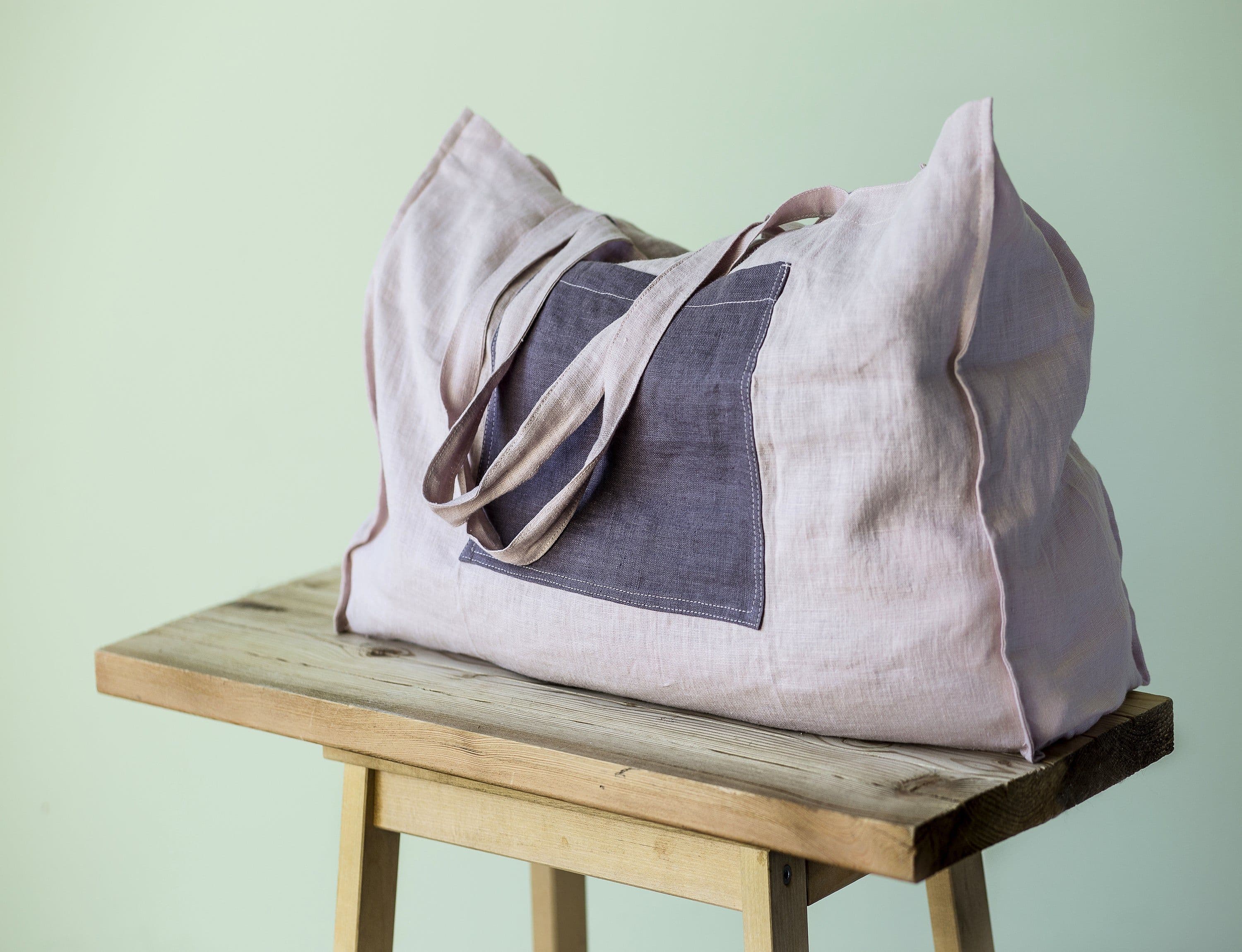 image-Pale Pink linen beach bag with two tones
