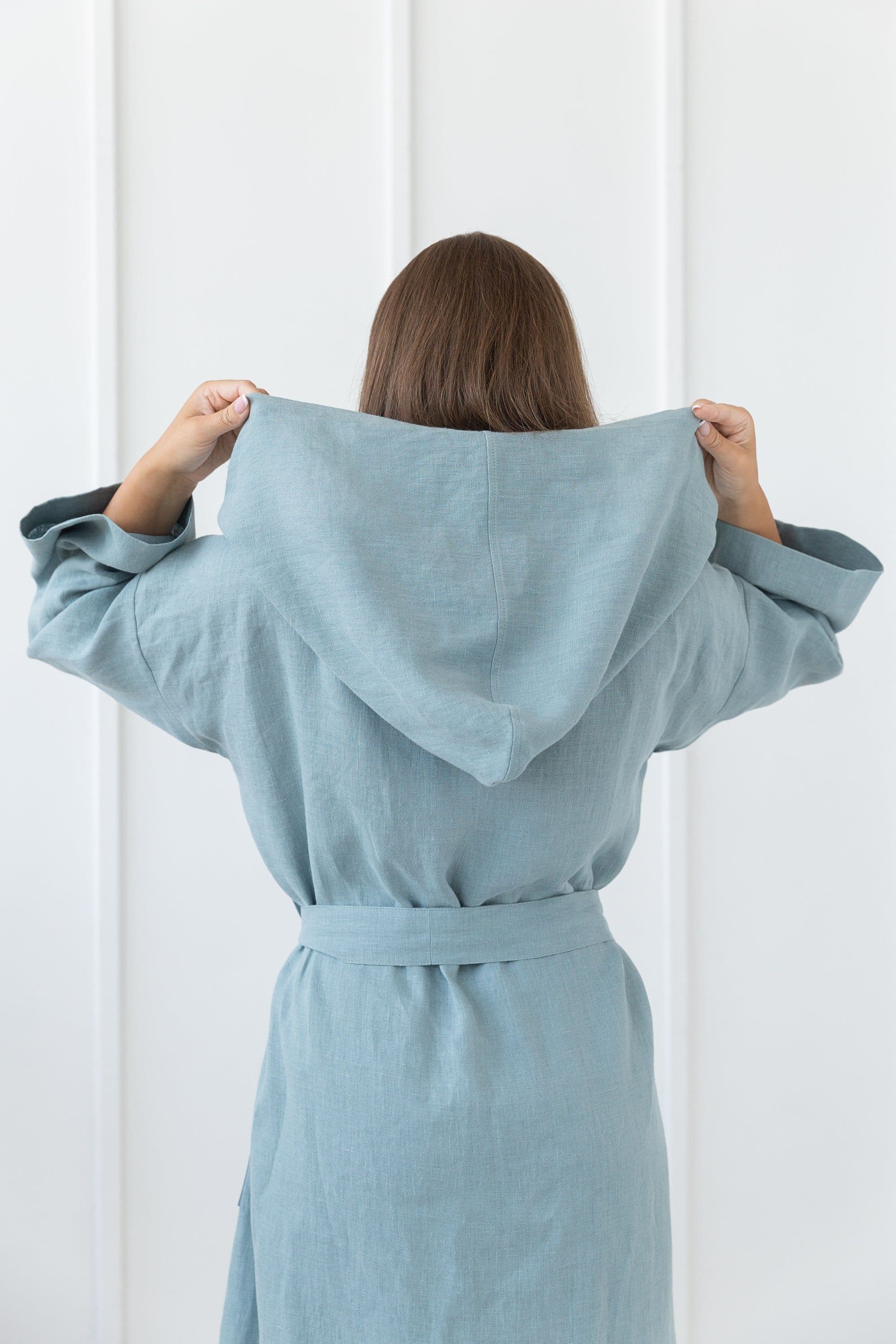 image-Greyish Mint linen robe with hoodie