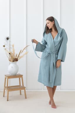 image-Greyish Mint linen robe with hoodie