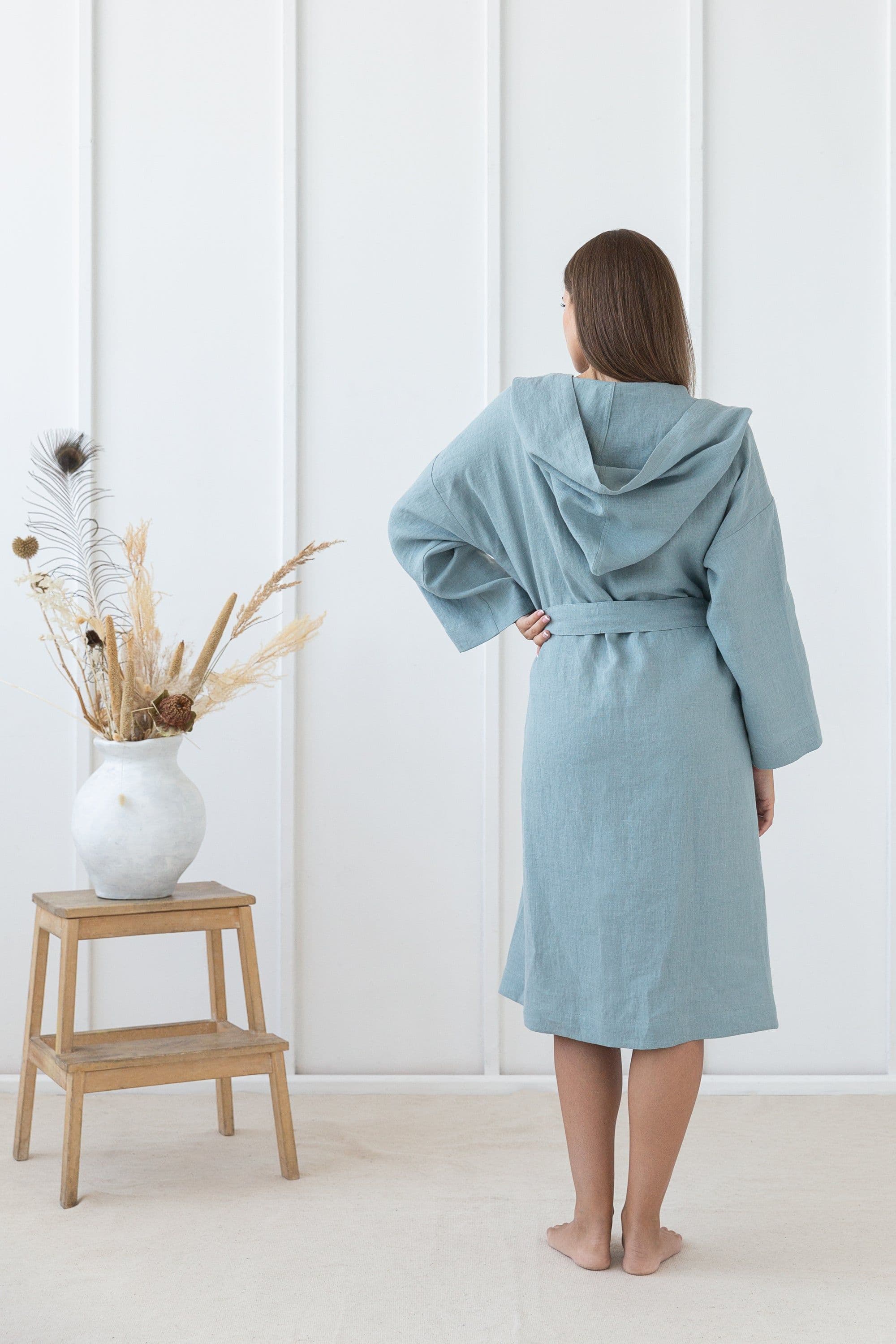 image-Greyish Mint linen robe with hoodie