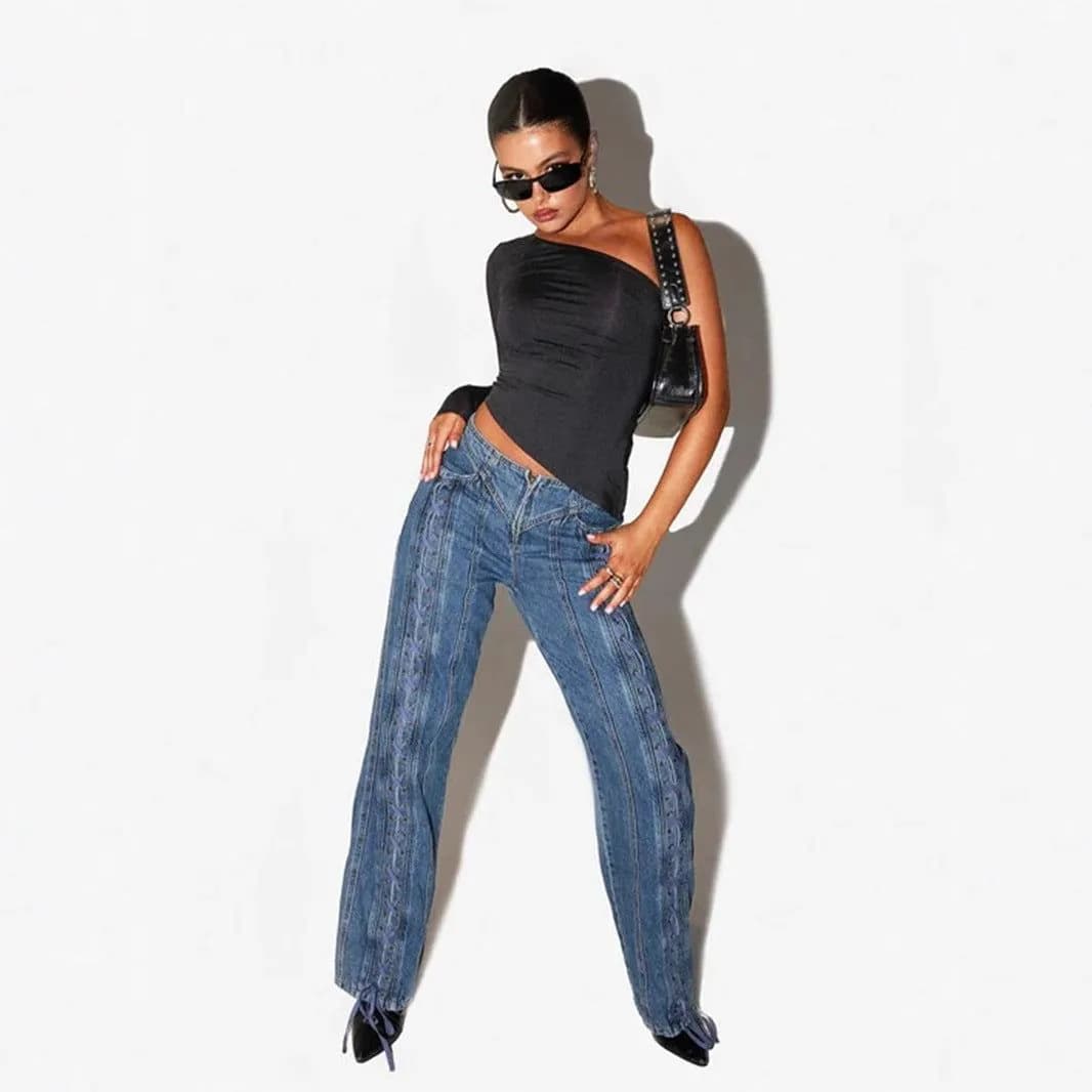 image-New Low Waist Hollow Lace-up Wide-leg Jeans For Women