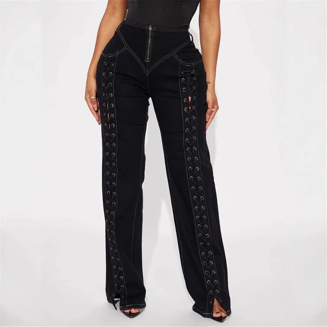 image-New Low Waist Hollow Lace-up Wide-leg Jeans For Women