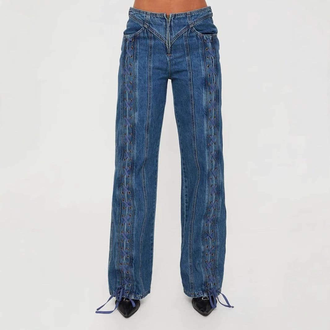 image-New Low Waist Hollow Lace-up Wide-leg Jeans For Women