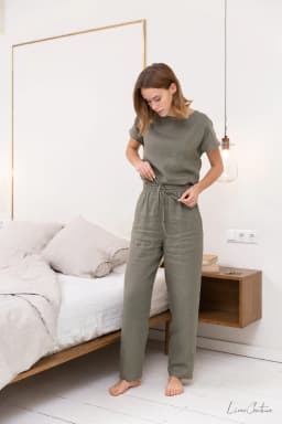 image-Safari green linen / Natural Linen Pajama set / Linen loungewear /