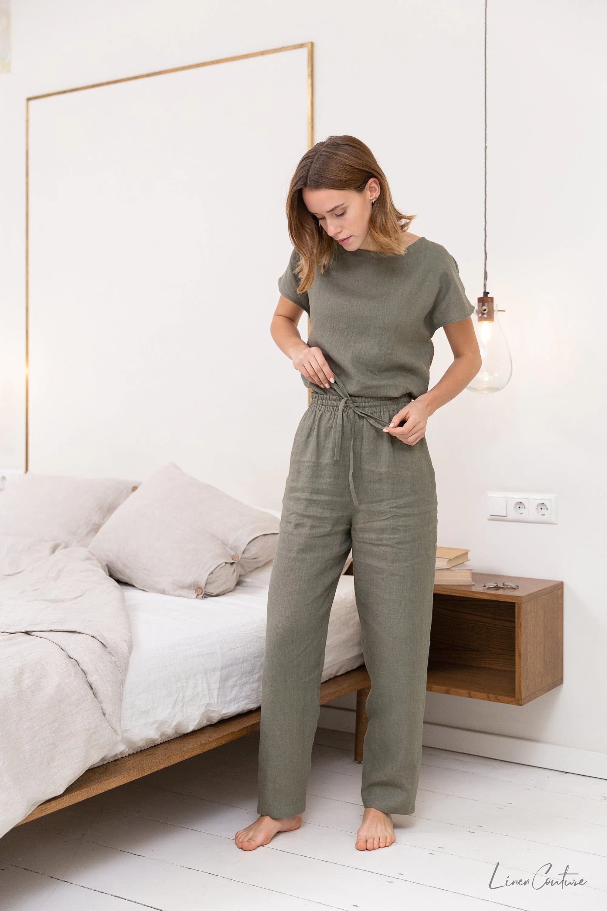 image-Safari green linen / Natural Linen Pajama set / Linen loungewear /