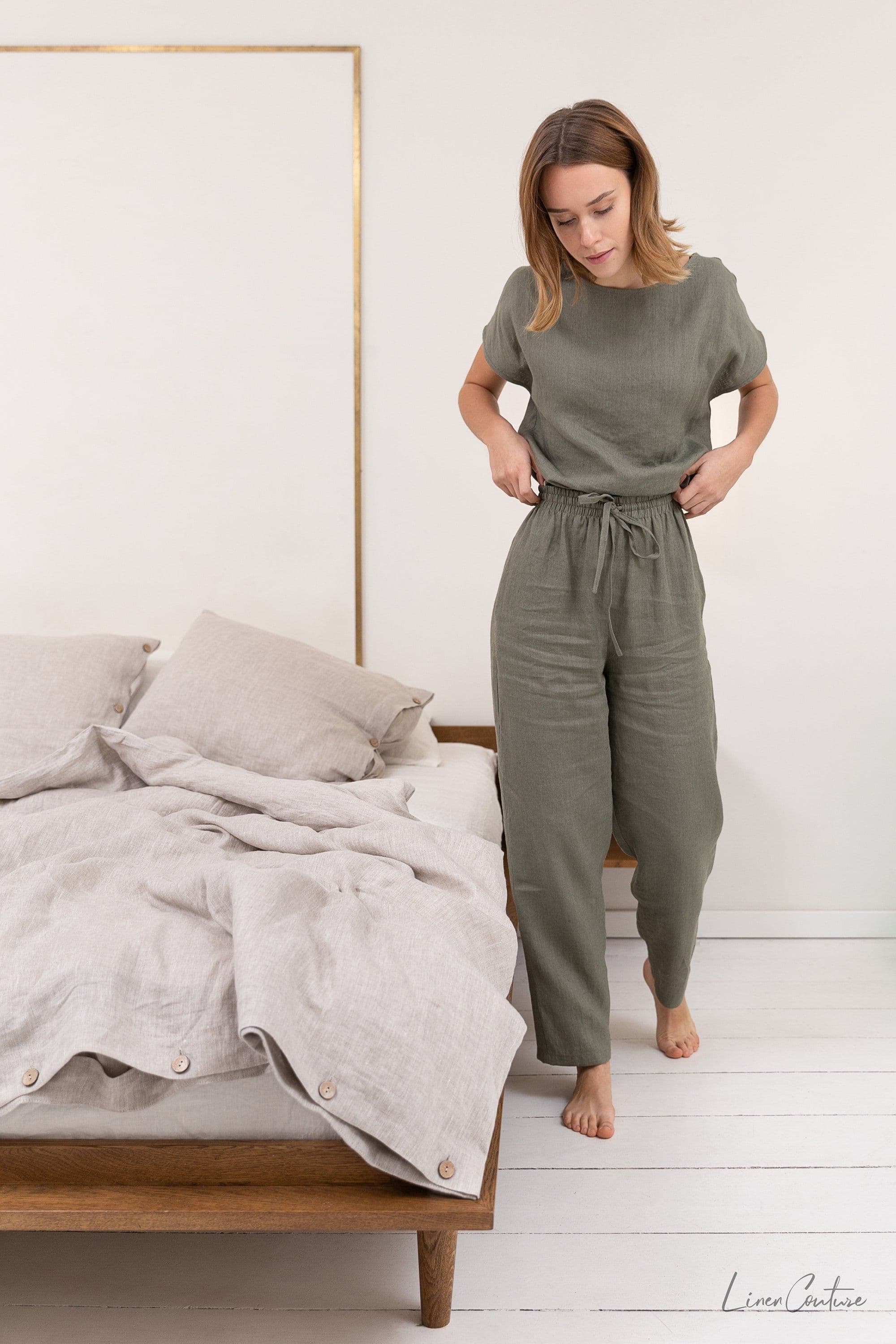 image-Safari green linen / Natural Linen Pajama set / Linen loungewear /