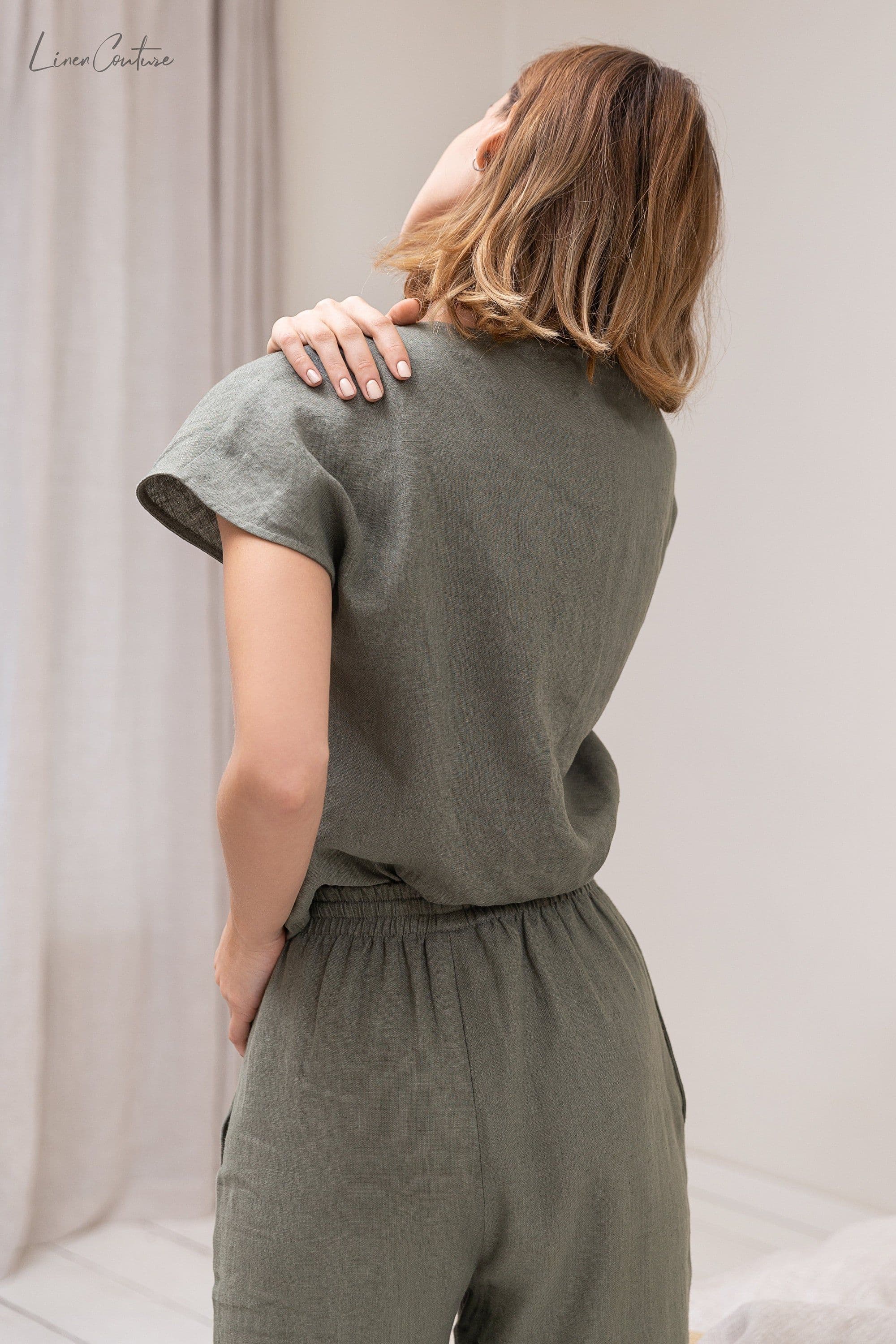 image-Safari green linen / Natural Linen Pajama set / Linen loungewear /