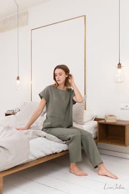 image-Safari green linen / Natural Linen Pajama set / Linen loungewear /