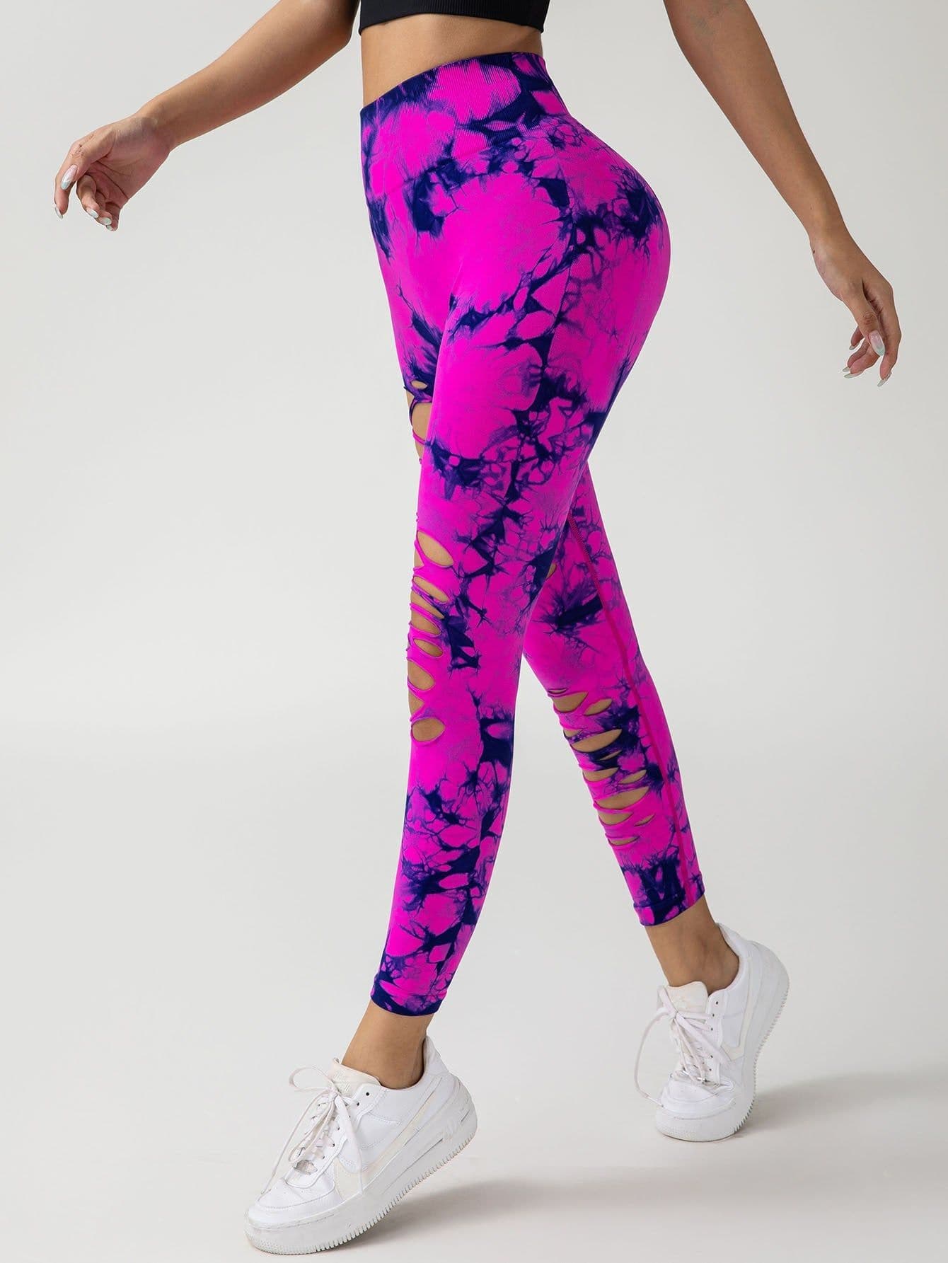 image-4 Pack New Style Hollow-Out Tie-Dye High-Waisted Tummy-Control Yoga