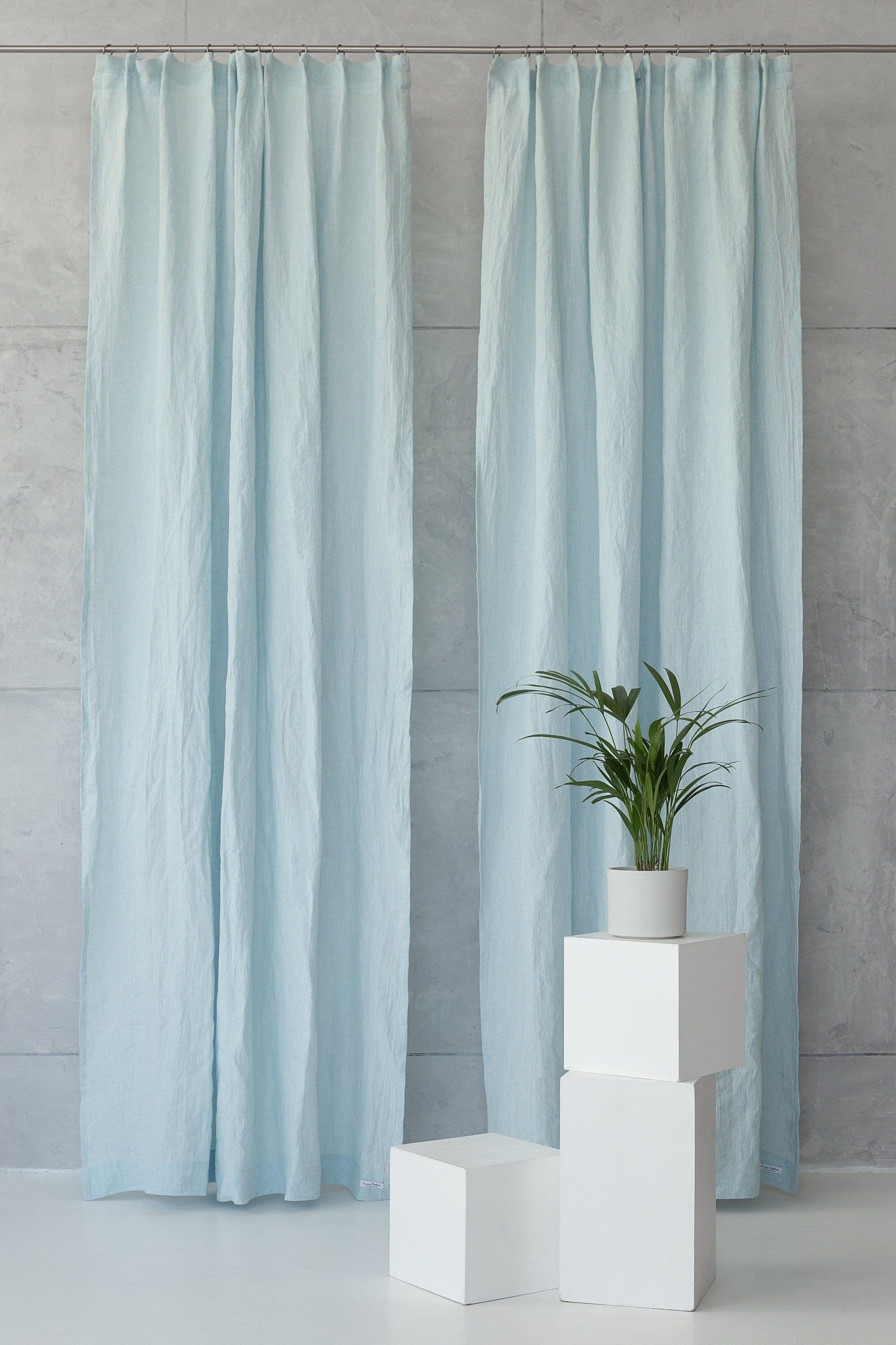 image-Baby Blue linen curtain with pleating tape and crown