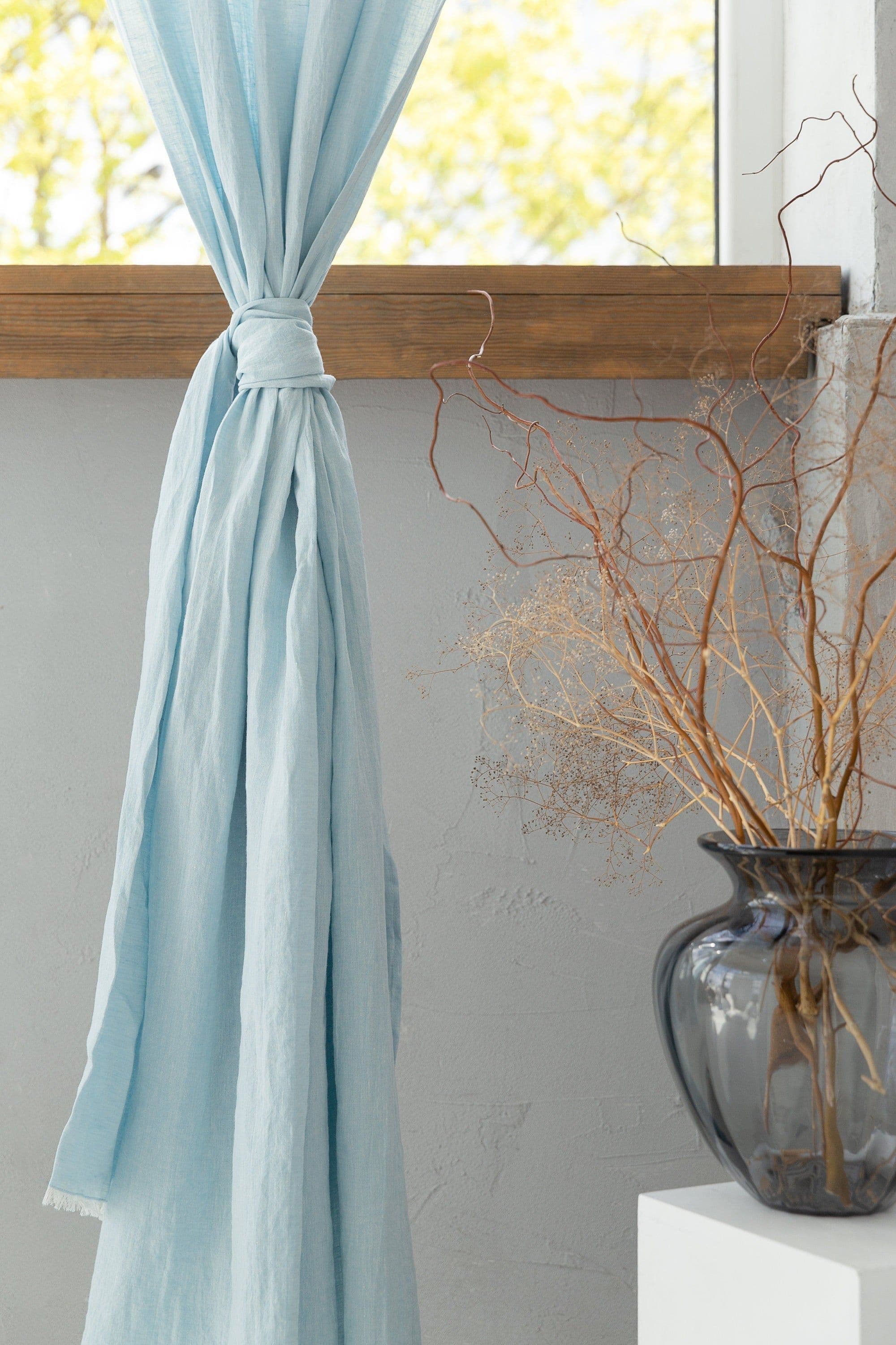 image-Baby Blue linen curtain with pleating tape and crown