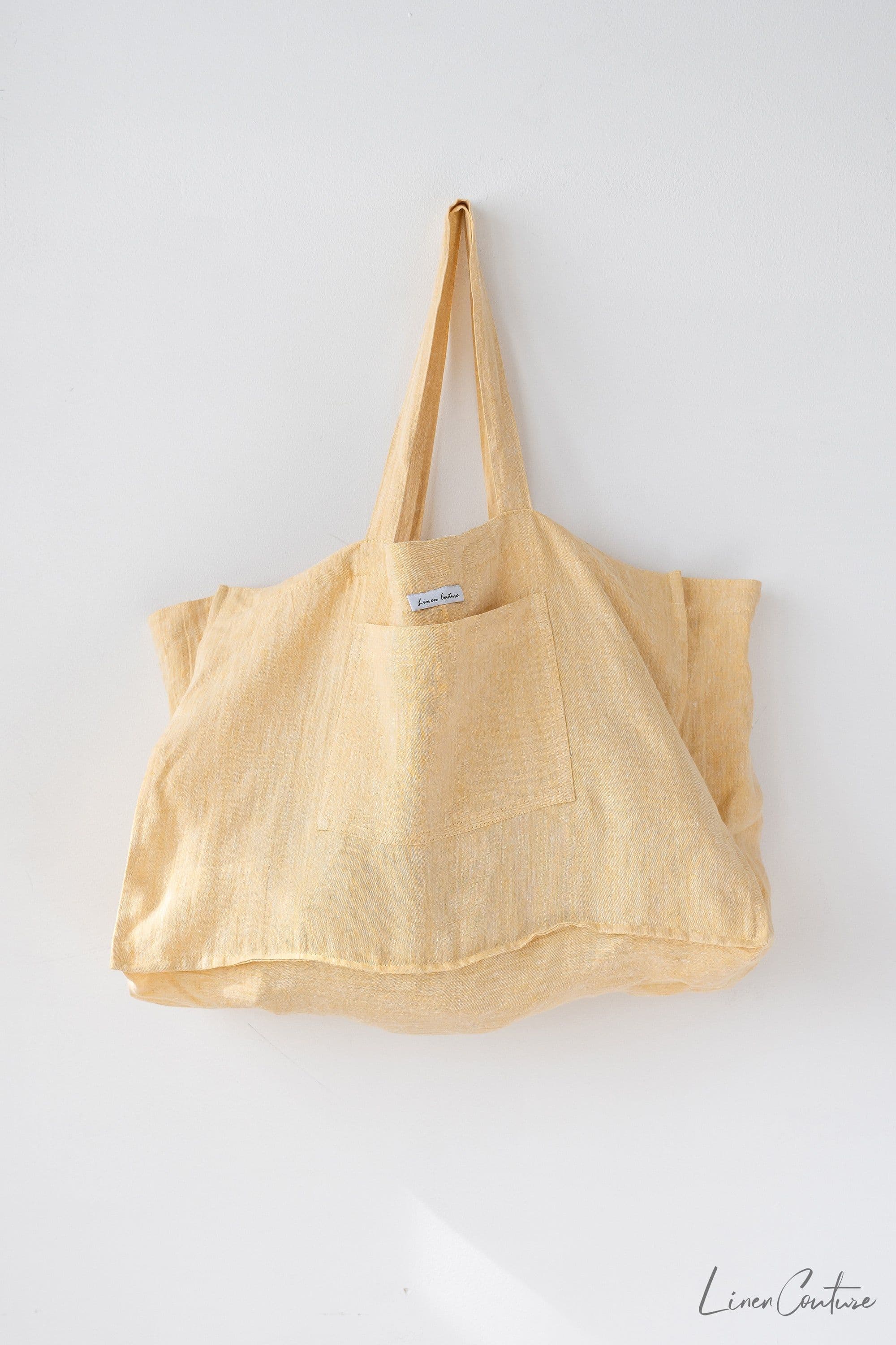 image-Linen beach bag with pocket and zipper in Canary Yellow