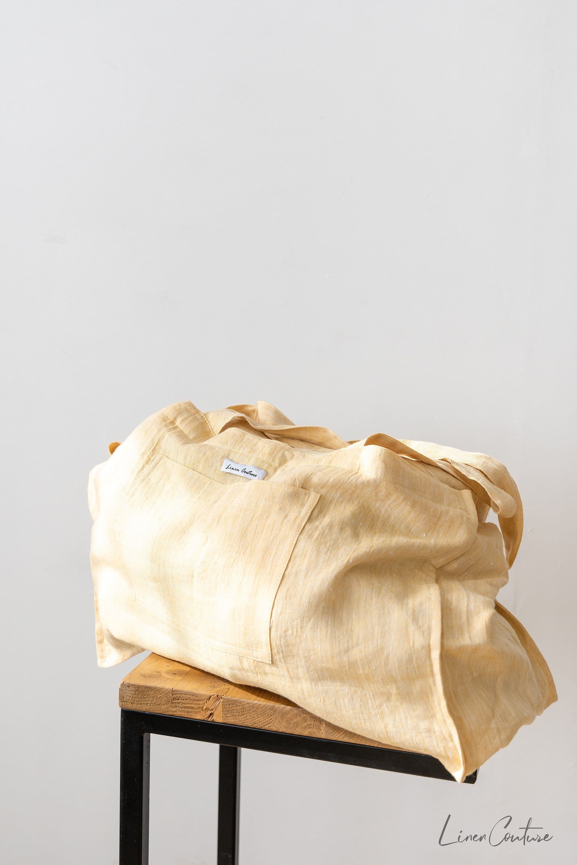 image-Linen beach bag with pocket and zipper in Canary Yellow