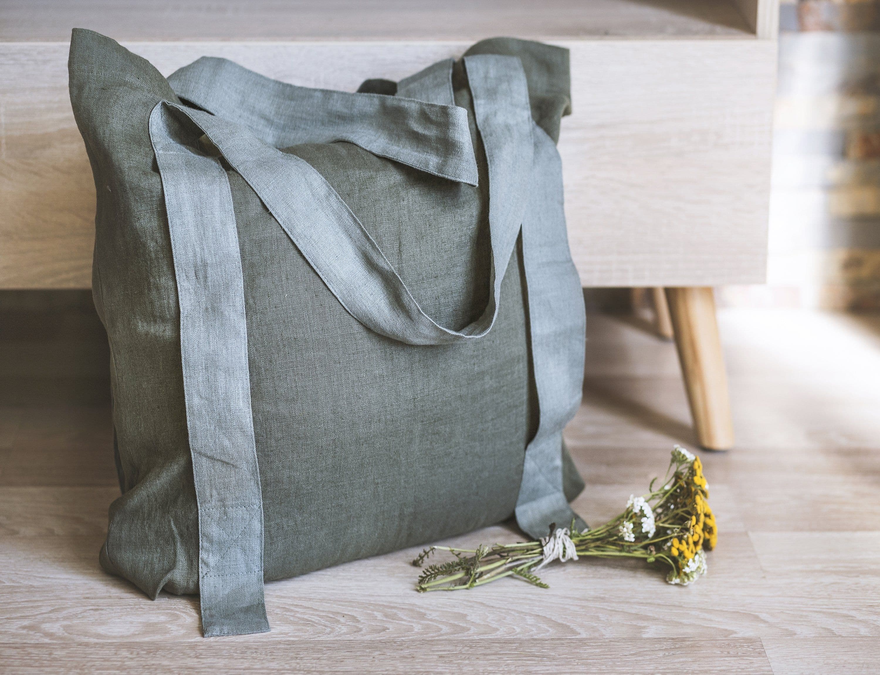 image-Safari Green and Greyish Mint linen canvas bag with two tones