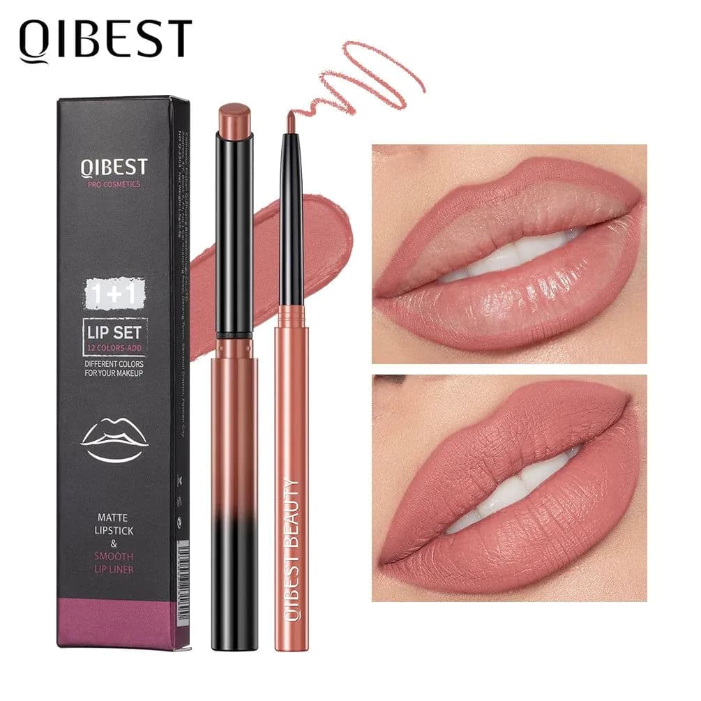 image-QIBEST 2pcs Lipstick Lipliner Pen Set Matte Nude Lip Liner Pencil
