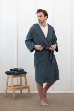 image-Navy Blue linen waffle robe with hoodie