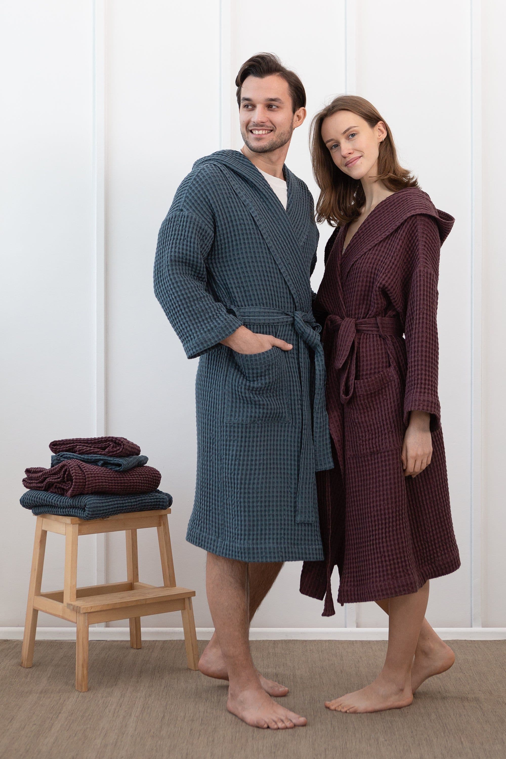 image-Navy Blue linen waffle robe with hoodie