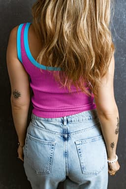 image-Pink Colorblock Edge Ribbed Knit U Neck Tank Top