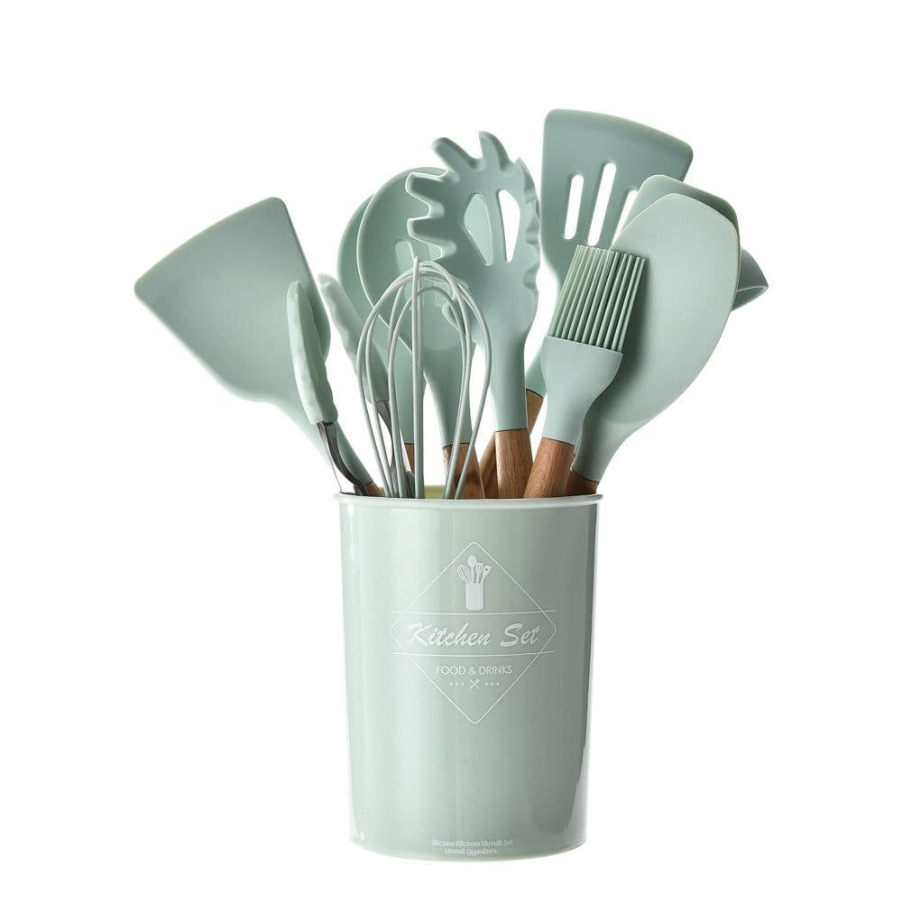 image-Storage bucket fresh green wooden handle silicone kitchen utensils set of 11 non-stick spatula kitchen set eleven sets