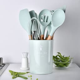 image-Storage bucket fresh green wooden handle silicone kitchen utensils set of 11 non-stick spatula kitchen set eleven sets