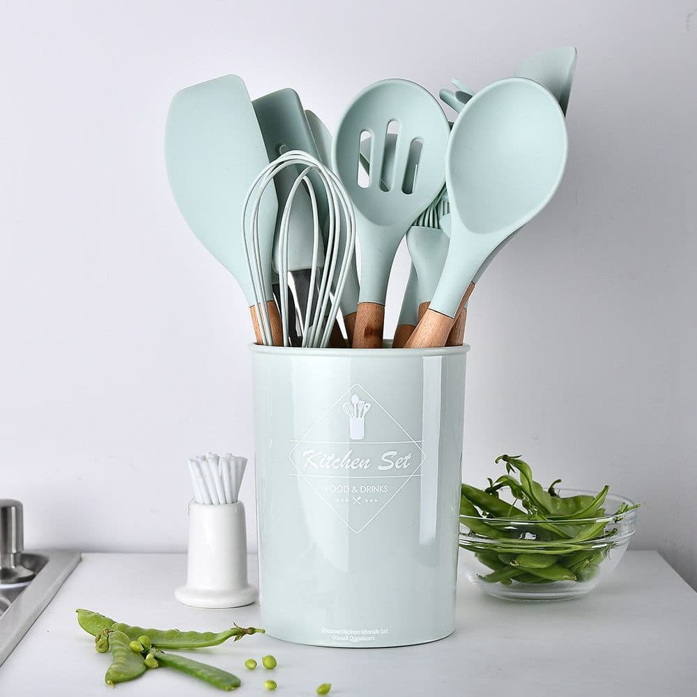 image-Storage bucket fresh green wooden handle silicone kitchen utensils set of 11 non-stick spatula kitchen set eleven sets